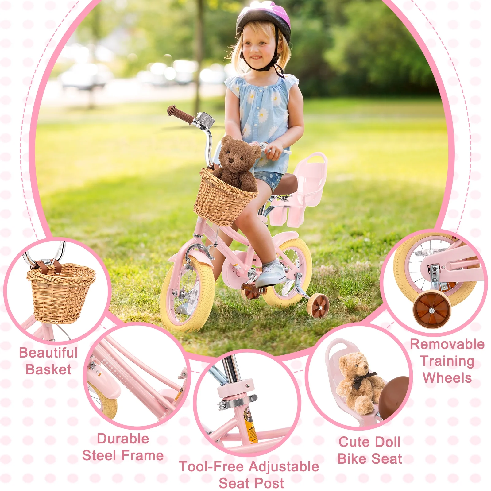 Girls Bike for Toddlers and Kids Ages 2-12 Years Old,12 14 16 Inch Kids Bike with Training Wheels Basket, 20 Inch Girls Bicycle with Handbrake Kickstand(Pink/14") - Image 7