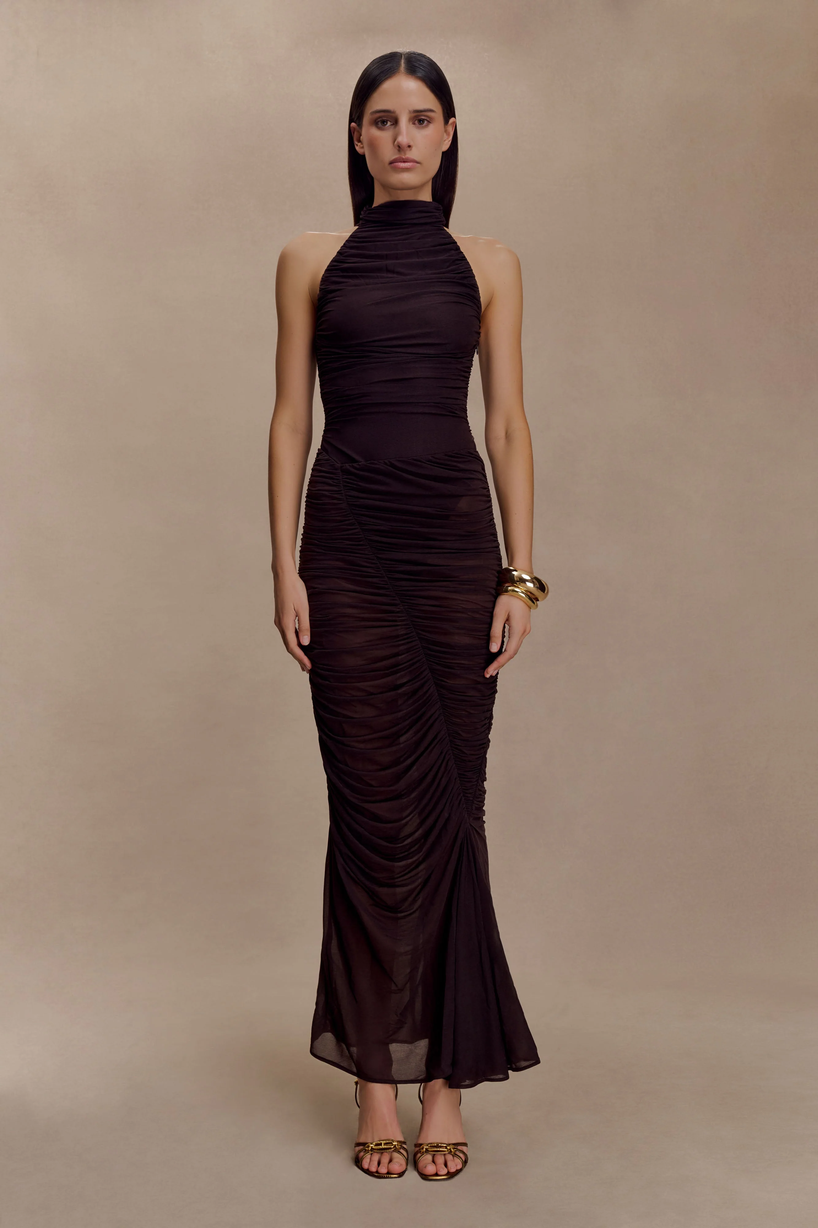 Matilda Ruched Mesh Maxi Skirt - Chocolate