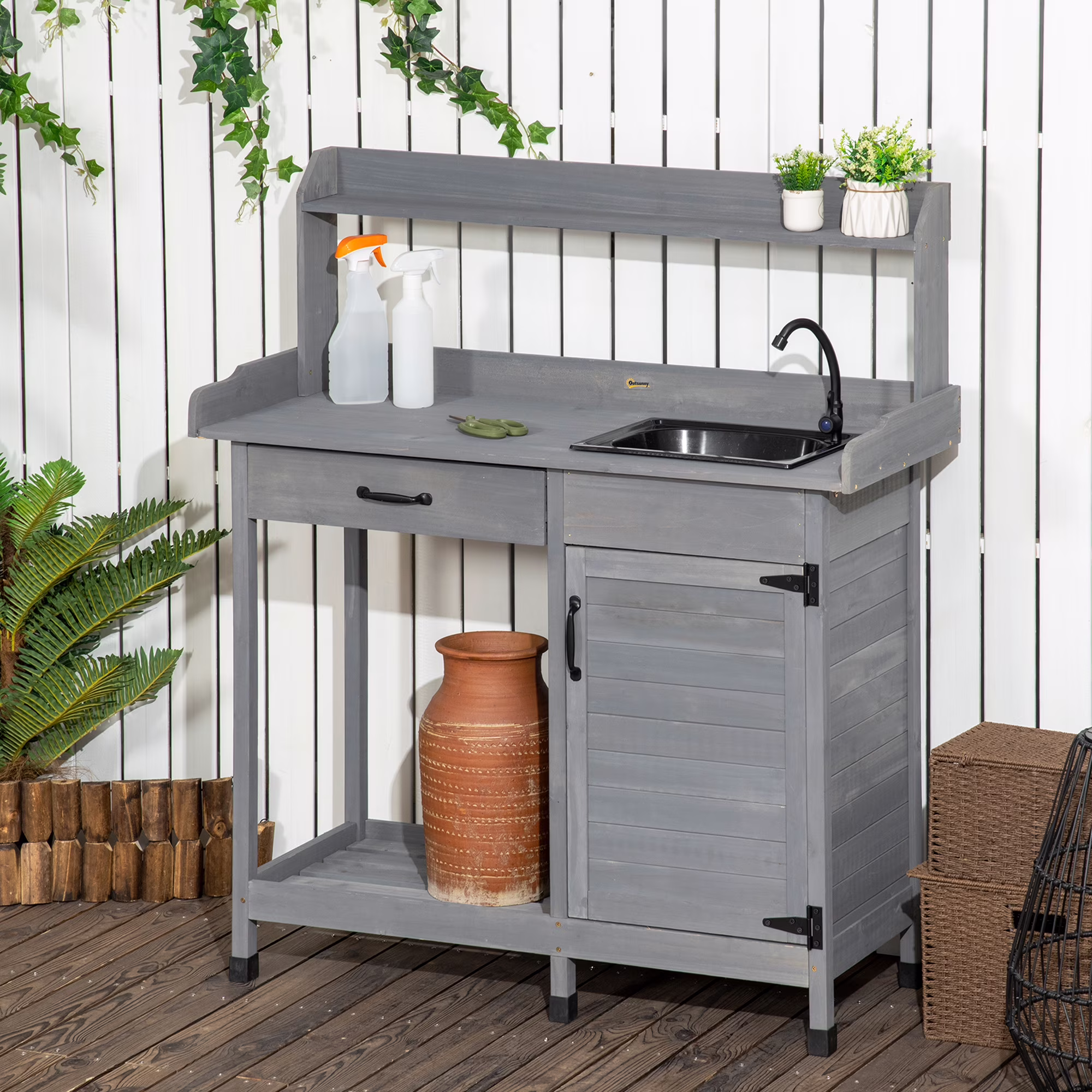 Potting Bench Prep Table with Faucet, Sink, and Storage, Gray(44.5" L x 18.75" W x 50.25" H/Gray)
