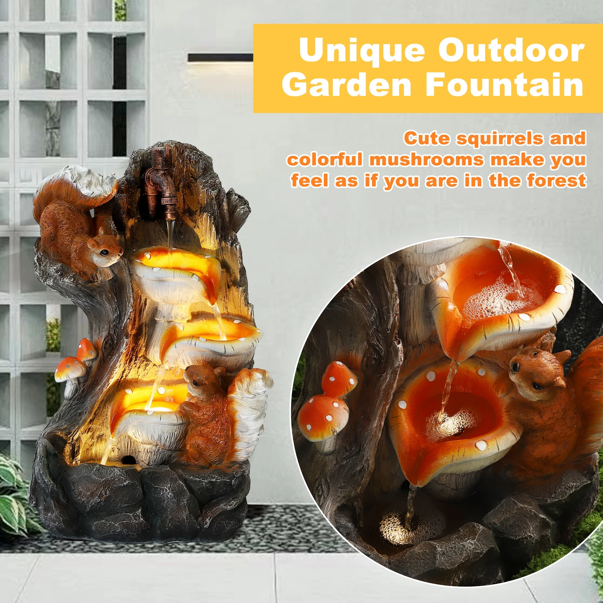 Outdoor Water Fountain, Garden Decor Outside Indoor Waterfall Cascading Rock Fountain with Retro Decorative Faucet, Patio Resin Fountains for Yard, Deck, Porch and Home, Imitation Stump - Image 3