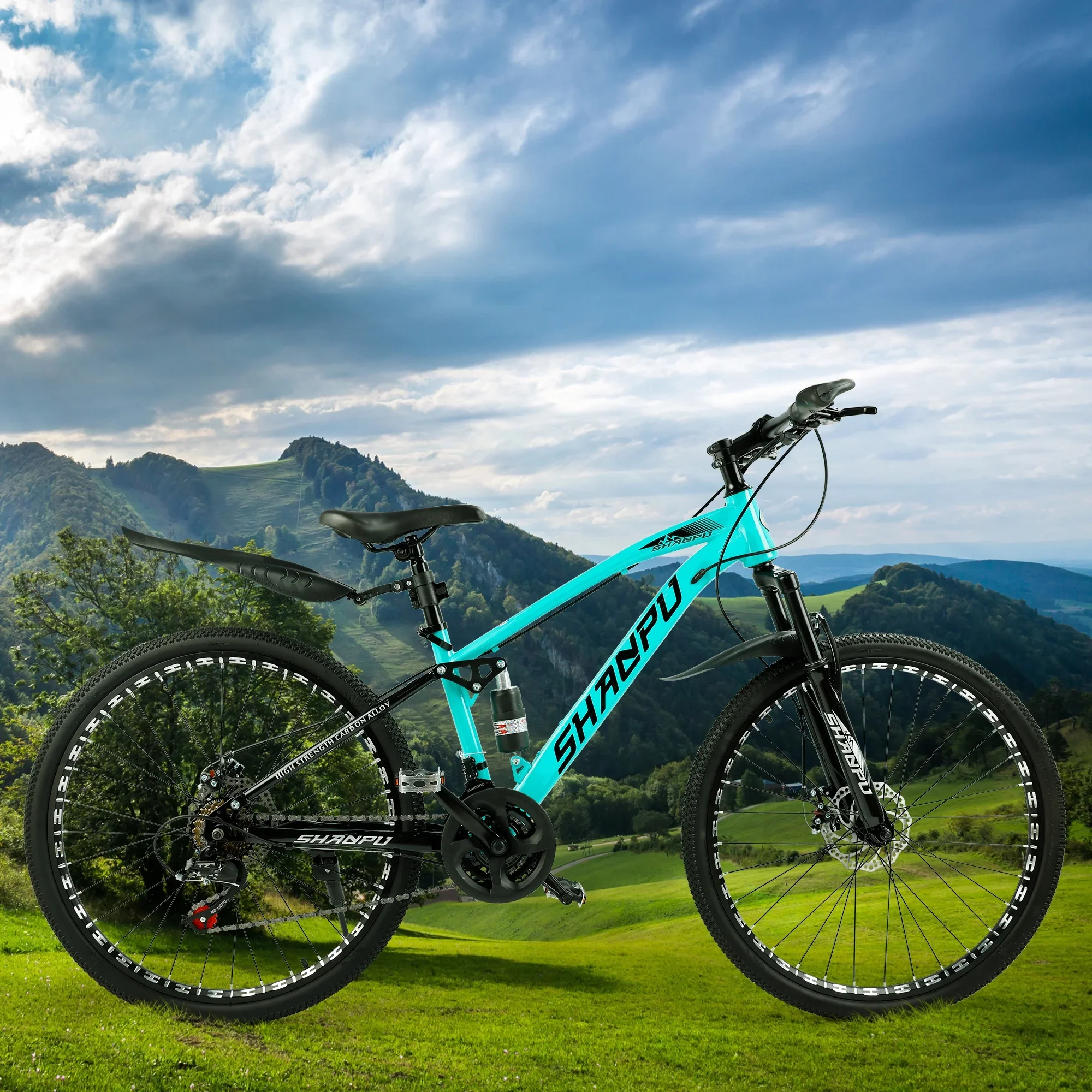 ARTUDATECH 26 Inch Wheel Full Suspension Mens Mountain Bike, Shimano 21 Speed,  Dual Disc Brake Bike for Men Womens Adult Bicycle With Bike Lock And Air Pump, orange