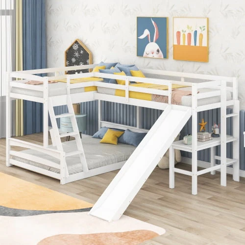 L Shaped Triple Bunk Bed for 5, Twin Over Full Bunk Bed and Twin Size Loft Bed with Built - in Desk, and Slide, Full - Length Guardrail, White