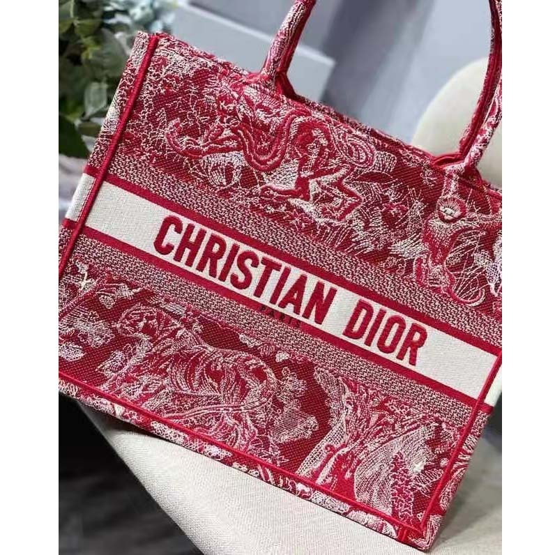 CD Unisex Medium Book Tote Burgundy Toile De Jouy Stripes Embroidery