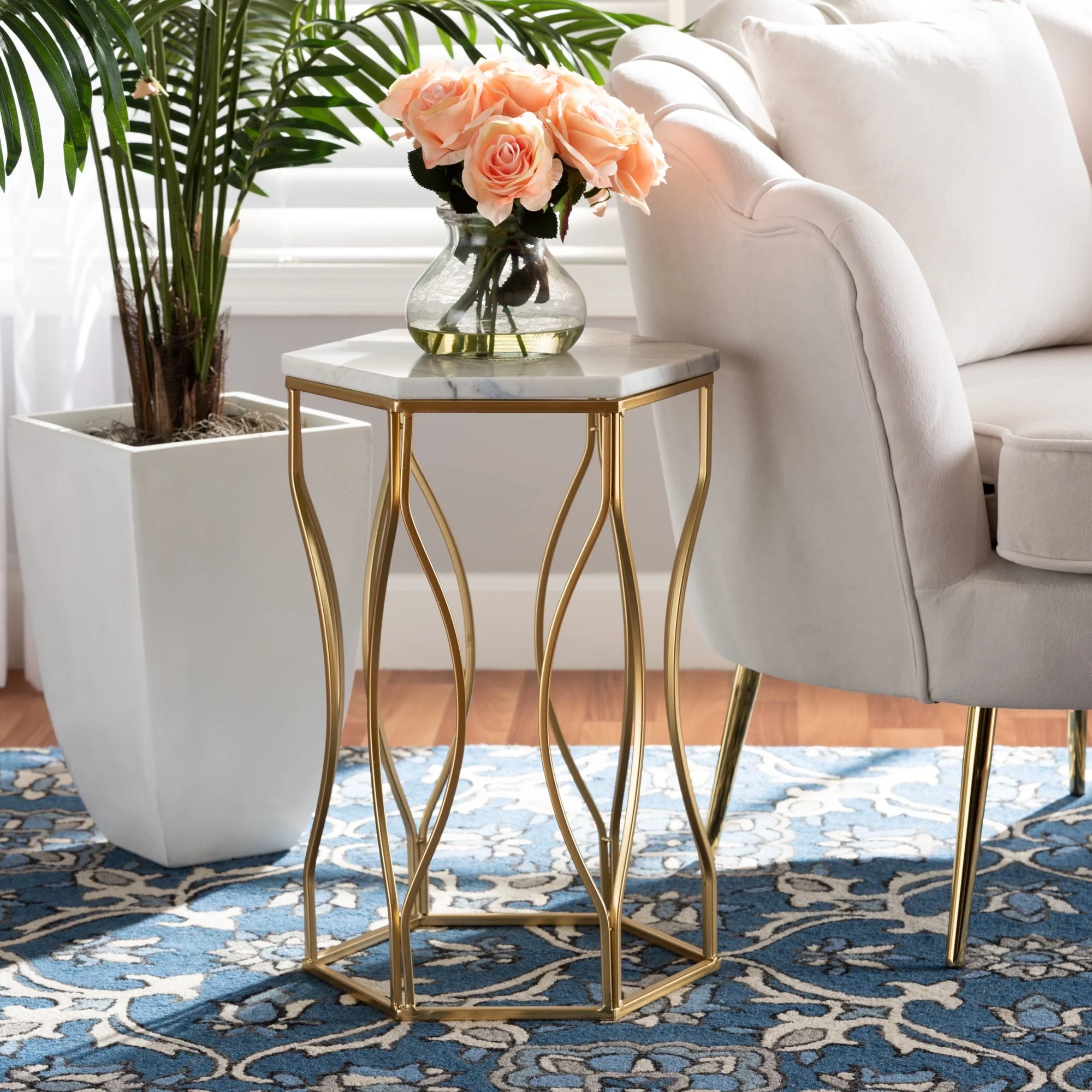 Baxton Studio Kalena Modern and Contemporary Gold Metal End Table with Marble Tabletop