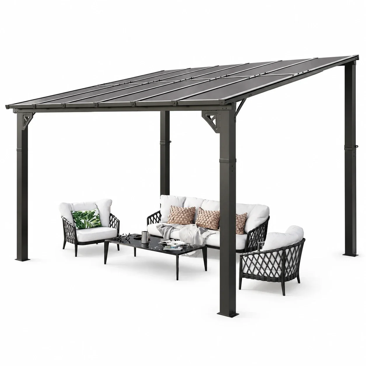 Clouddwell 12'x 10' Wall-Mounted Gazebo Pergola with Aluminum Top Frame & Polycarbonate Panel, Large Heavy-Duty Awnings for Backyard Black