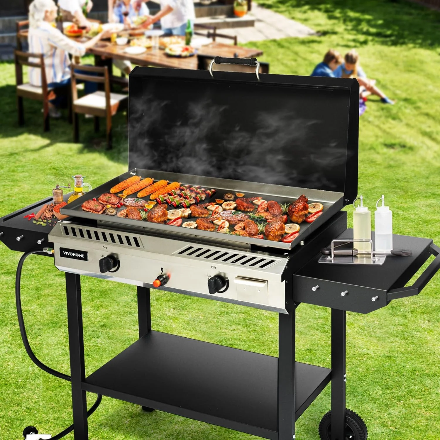 SPECSTAR 2 Burner Outdoor Propane Griddle Station for Camping, 30,000 BTU with 2 Side-shelf and Hard Cover