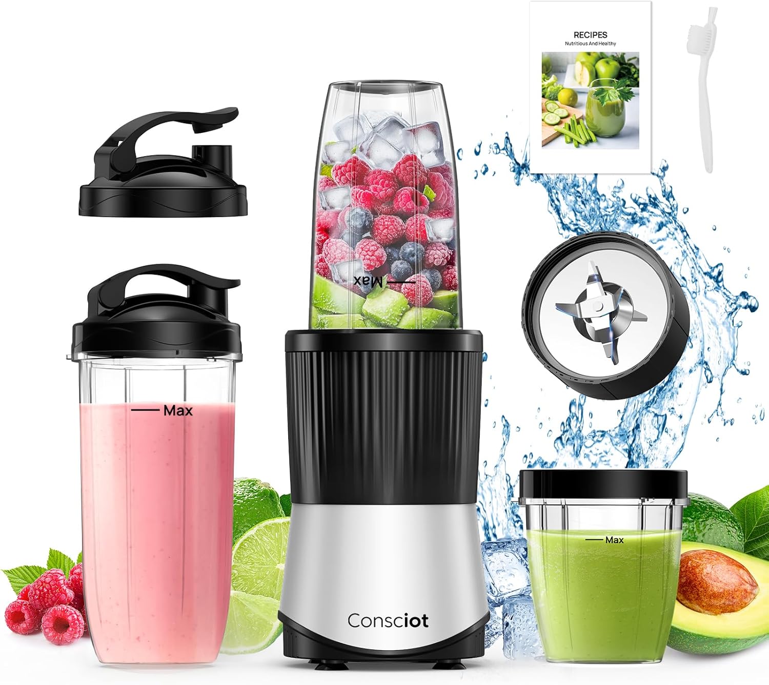 Consciot 11-Piece Blender for Kitchen and Personal Use, 900 Peak Watts| Blend Shakes & Smoothies, Frozen Drinks, Baby Food, Spreads & More, 3 Portable BPA-Free To-Go Cups, 2 Spout-Lids & 1 Flat-Lid