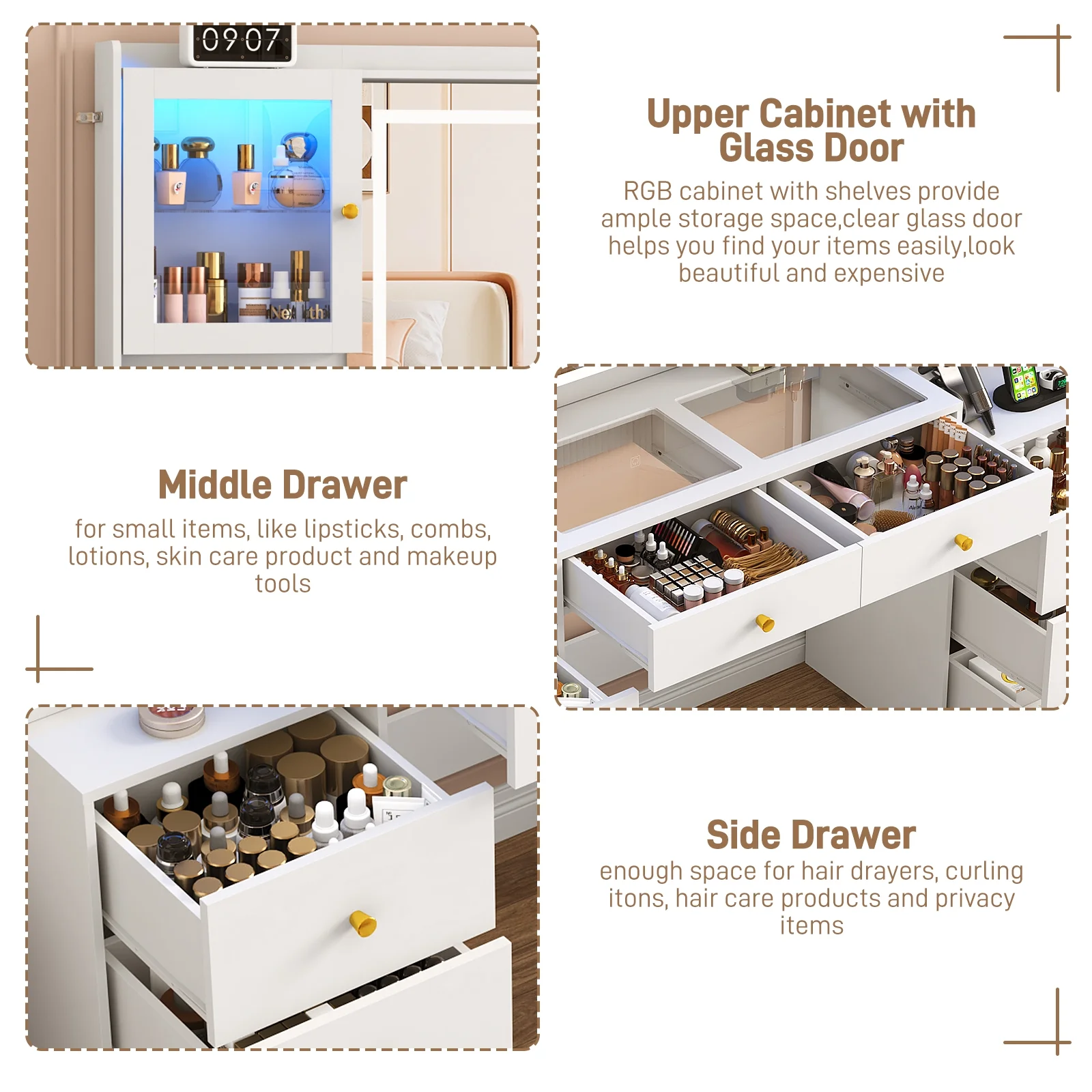 62'' Large Vanity Desk w/60000-color LED Lights, Tempered Glass Top, Power Outlet, Makeup Vanity Table w/ 3 Lights Mode Mirror, 9 Drawers, 2 RGB Cabinets, LED Dressing Table for Girls, Women(White-62'') - Image 8