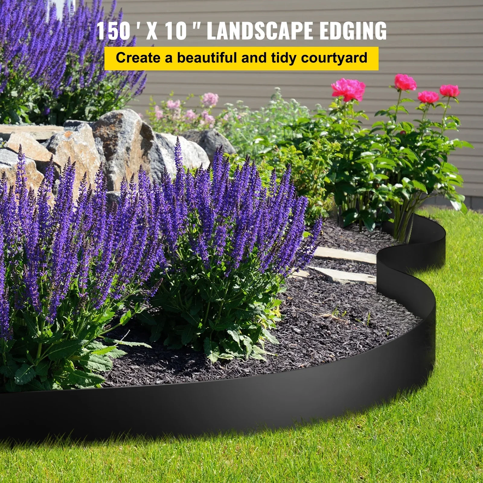 VEVOR Plastic Landscape Edging 10 in x 150 ft, Recycled HDPE Coiled Terrace Board, Flexible Bender Border for Landscaping, Lawn, Garden, Yard, Against Invading Weeds, Black