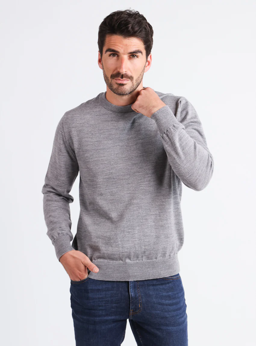 Pull homme col rond laine mérinos Gris Léger