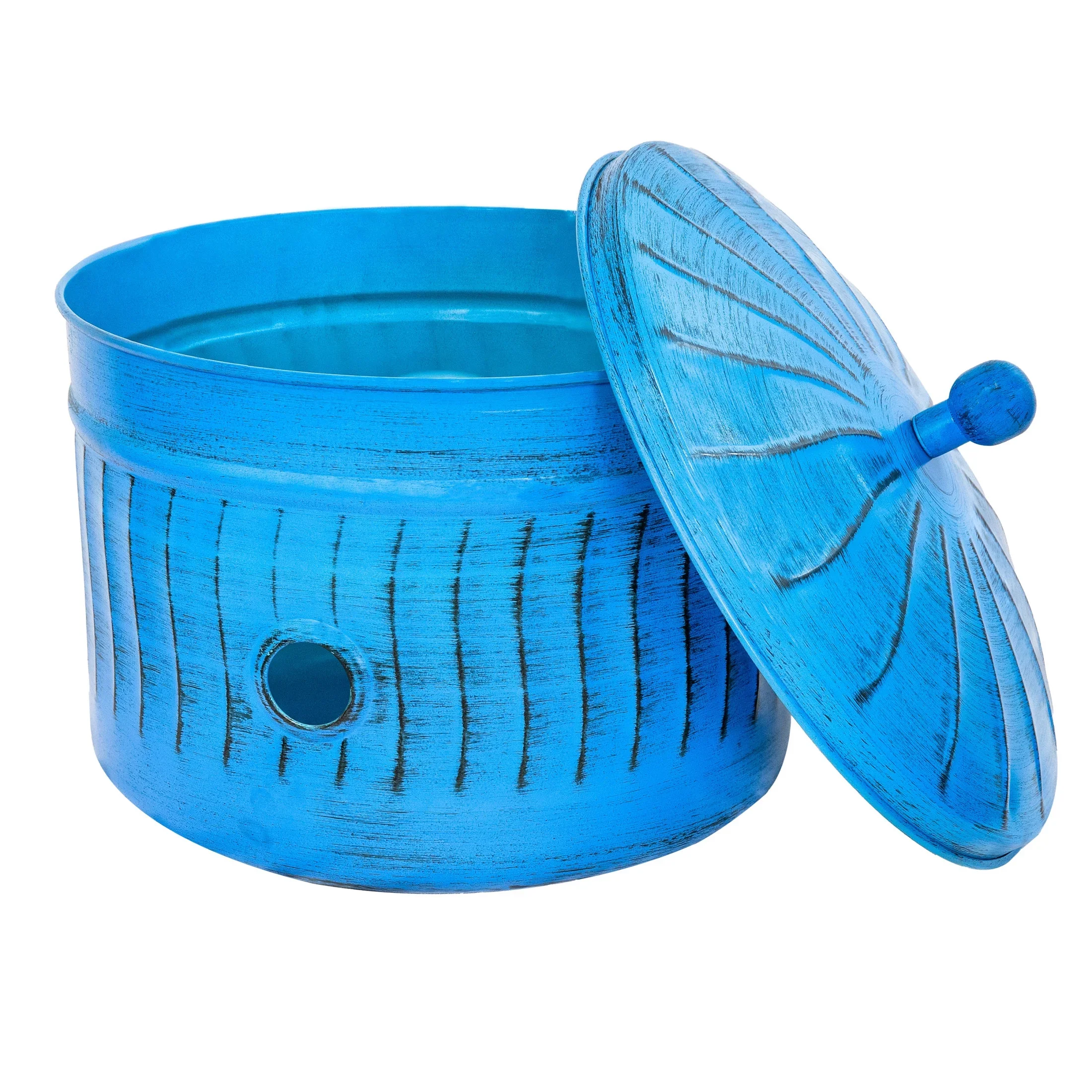Sunnydaze 17.5 Embossed Metal Garden Hose Holder Pot with Lid, Blue Patina