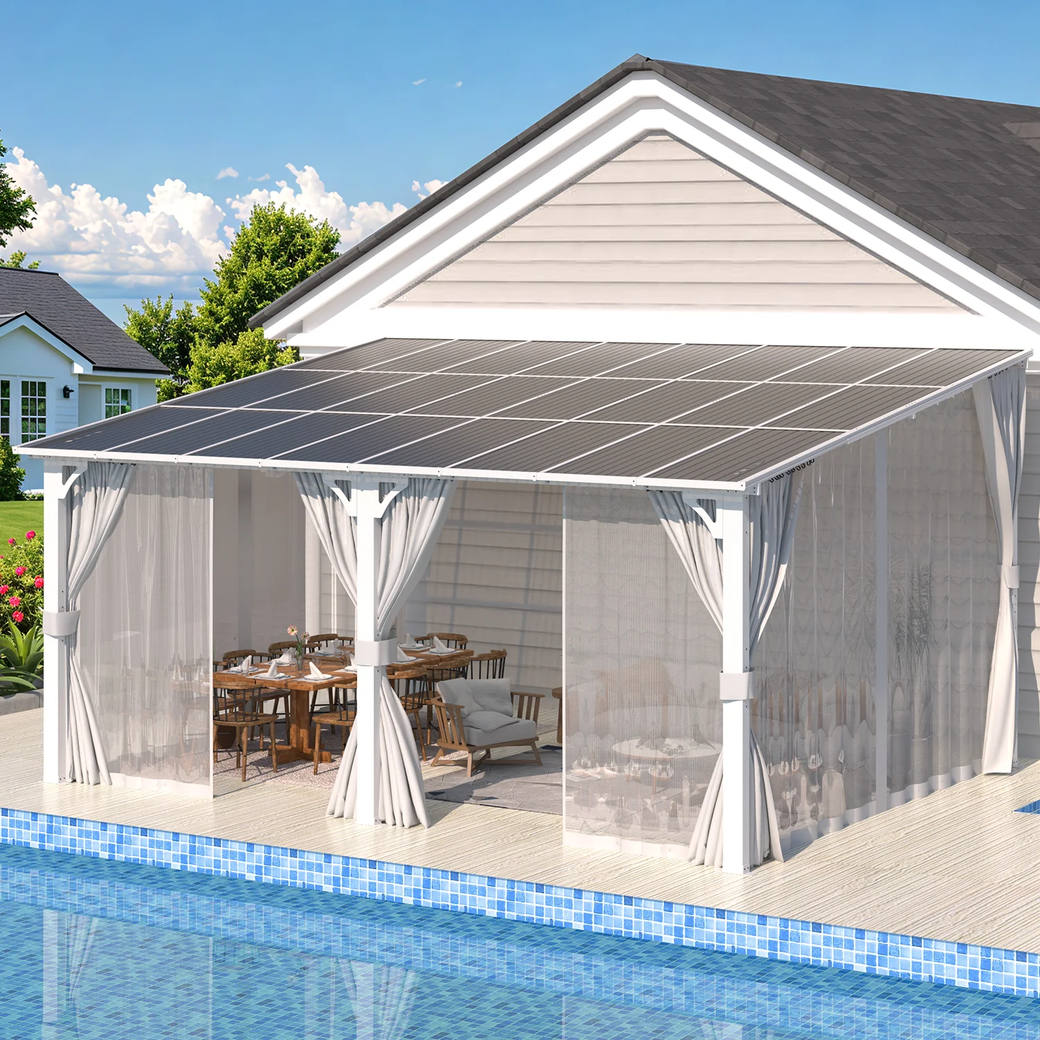AECOJOY 16'x12' Wall Gazebo with Curtains and Mosquito Netting, White