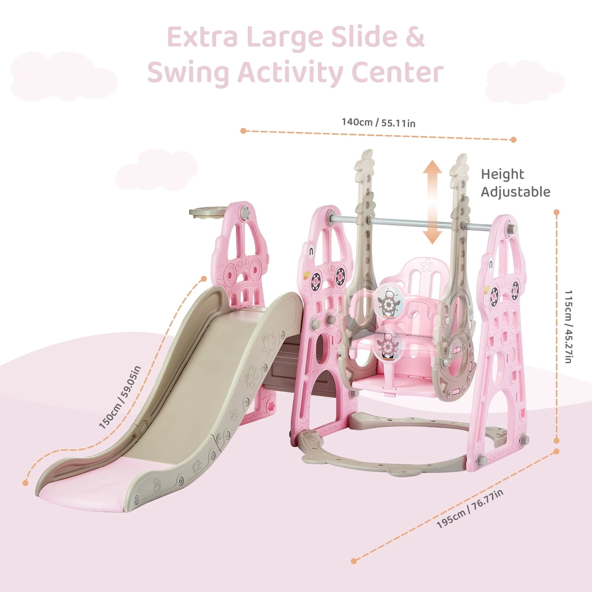 DUKE BABY 4 - in - 1 Kids Swing and Slide Set for Toddler Age 1 - 6, Extra Large Baby Indoor Outdoor Activity Playground with Basketball Hoop and Climber - Pink