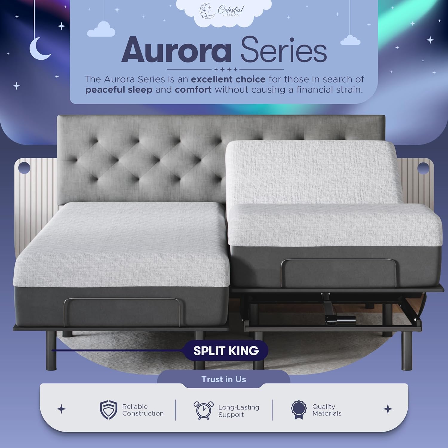 Celestial Aurora Adjustable Bed Base (Frame) + 10 inch Gel Memory Foam Mattress (Medium), Easy Assembly, Head and Foot Lift, Zero Gravity, Memory Positions, CertiPUR-US Bed - Split King