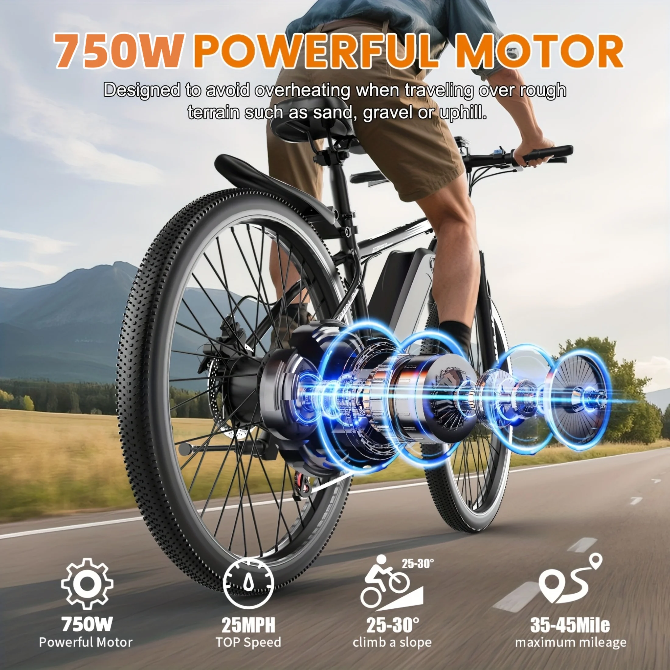 Electric Bike for Adults 26",750W Peak E-Mountain Bike 48V 10AH,25mph 45miles Range Electric Mountain Bike,E-Mountain Bikefor Adults Off-Road, Professional 7-Speed UL2849 - Image 3