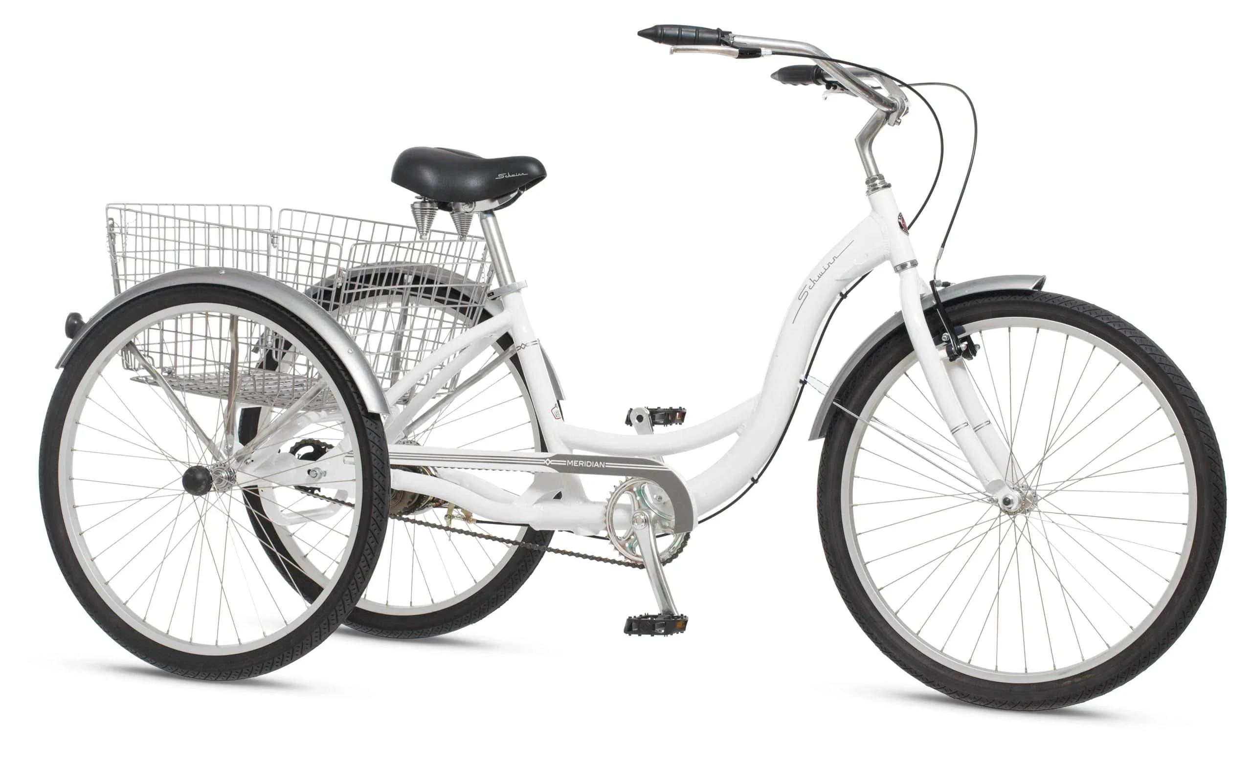 Tricycle Schwinn Meridian 2025 pour adultes (hommes et femmes), vélo de plage à trois roues, roues de 26 pouces, cadre bas, selle large, panier arrière pliable.