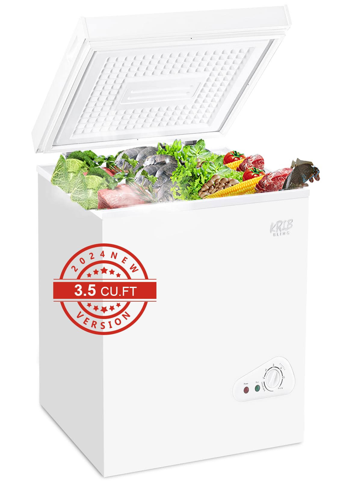 Krib Bling Chest Freezer 3.5 Cu.Ft Mini 7 Gears Temperature Control Compact Deep Freezer with Top Open Door and Removable Storage Basket White