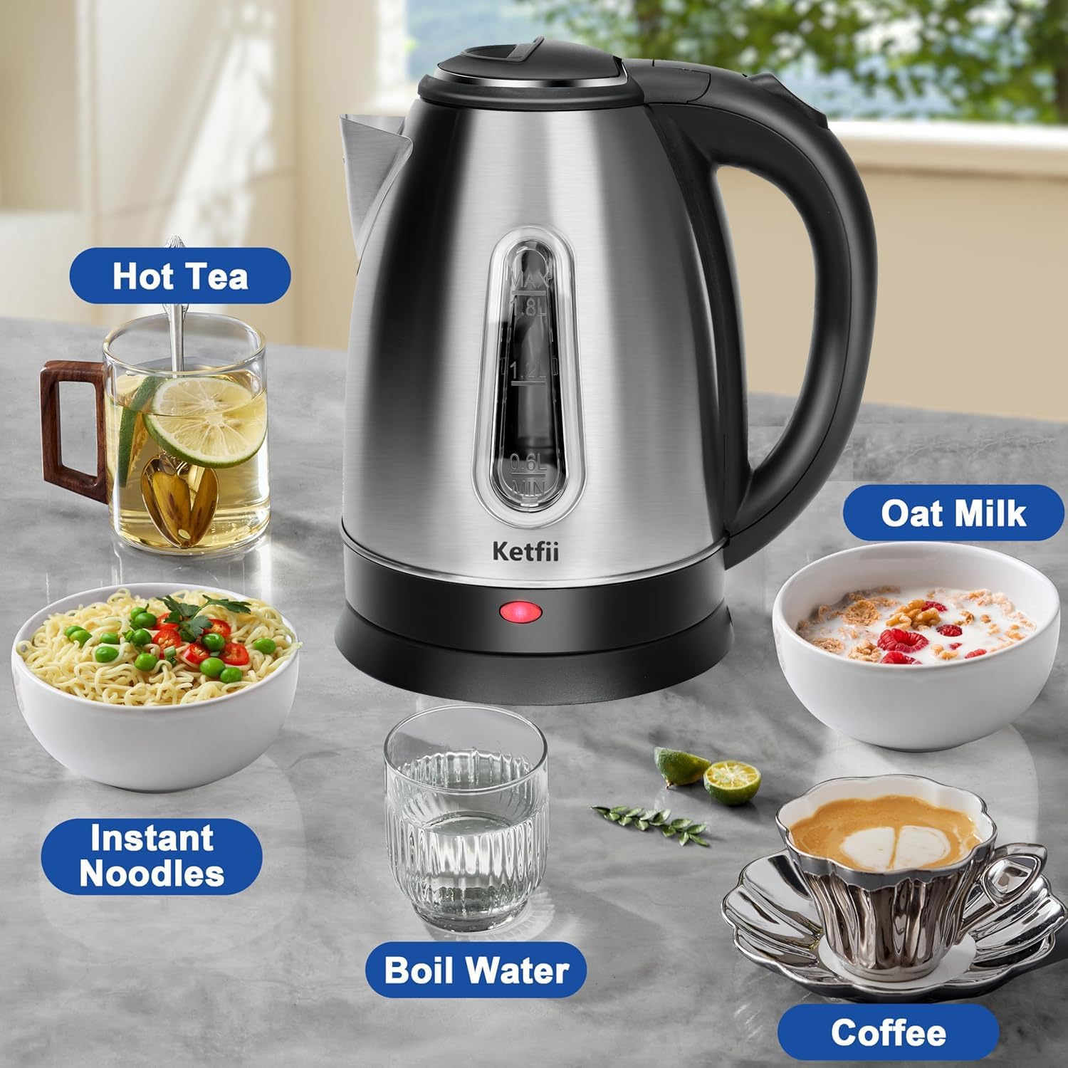 Stainless Steel Electric Kettle, 1.8 Liters Tea, Coffee Kettle & Hot Water Boiler, 360 °   Swivel Base, BPA Free, Auto Shut-Off, Boil-Dry Proof, 1100W