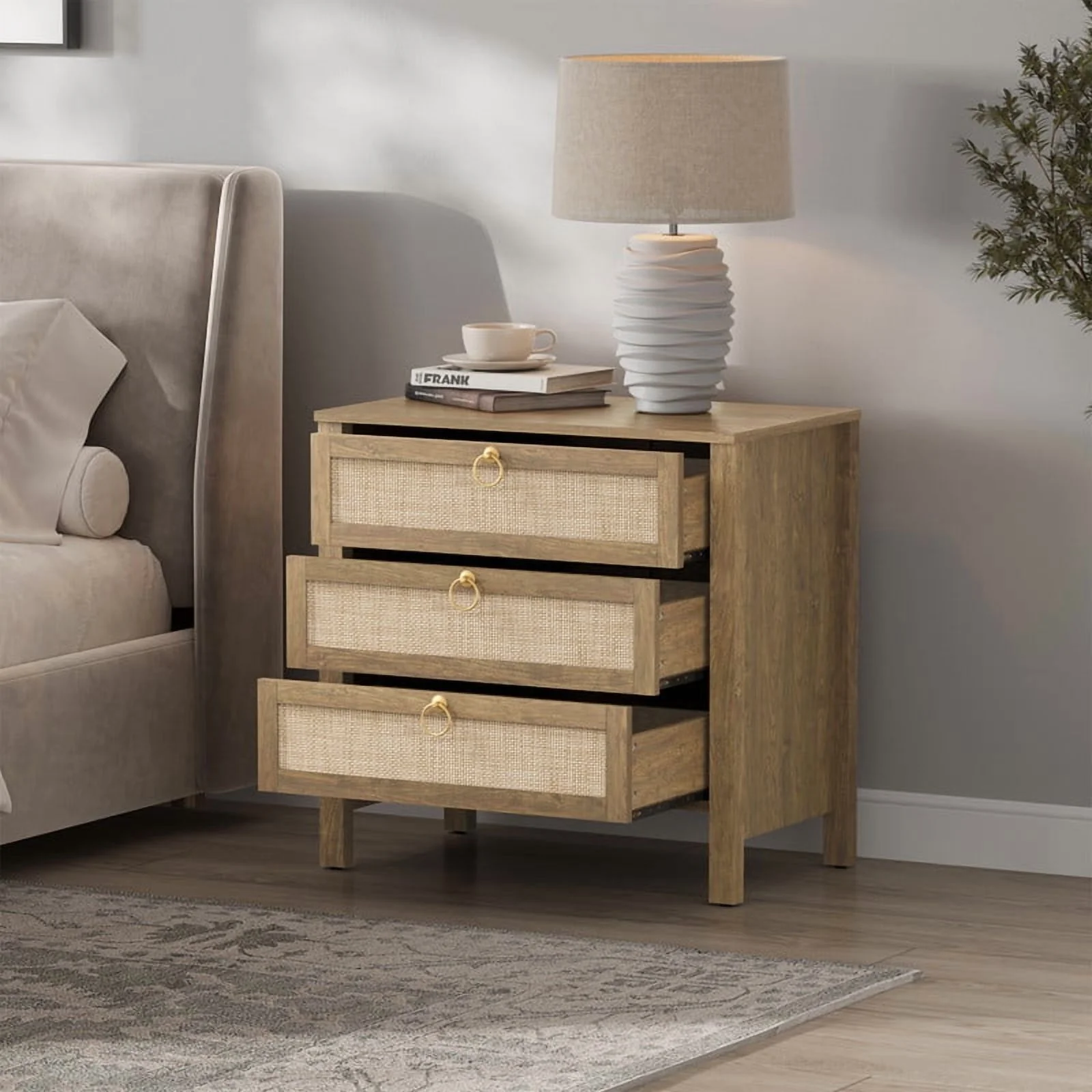 Oak Boho 3-Drawer Nightstand Set of 2 Extra Wide Storage Night Stand with Gold Handles LargeTall Bed Side Table for Bedroom Living Room Enterway(Cherry Oak/Single) - Image 10