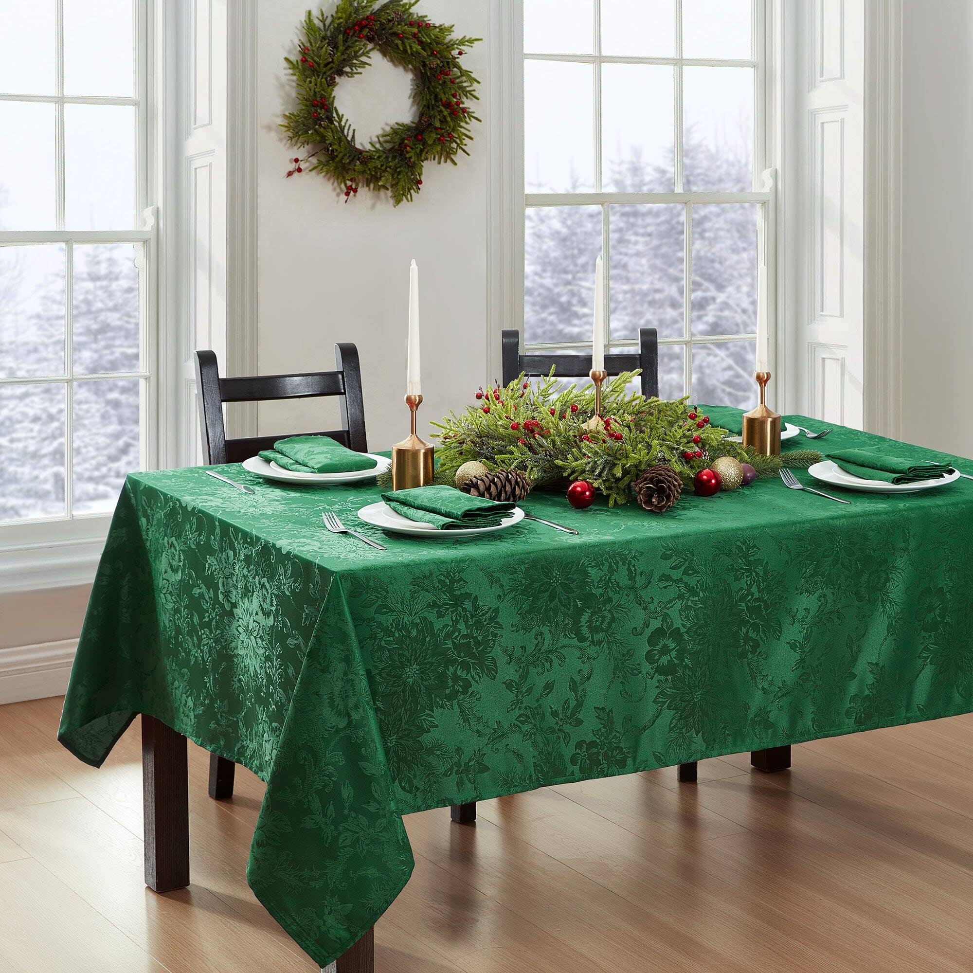 Elrene Poinsettia Elegance Jacquard Holiday Tablecloth - 60