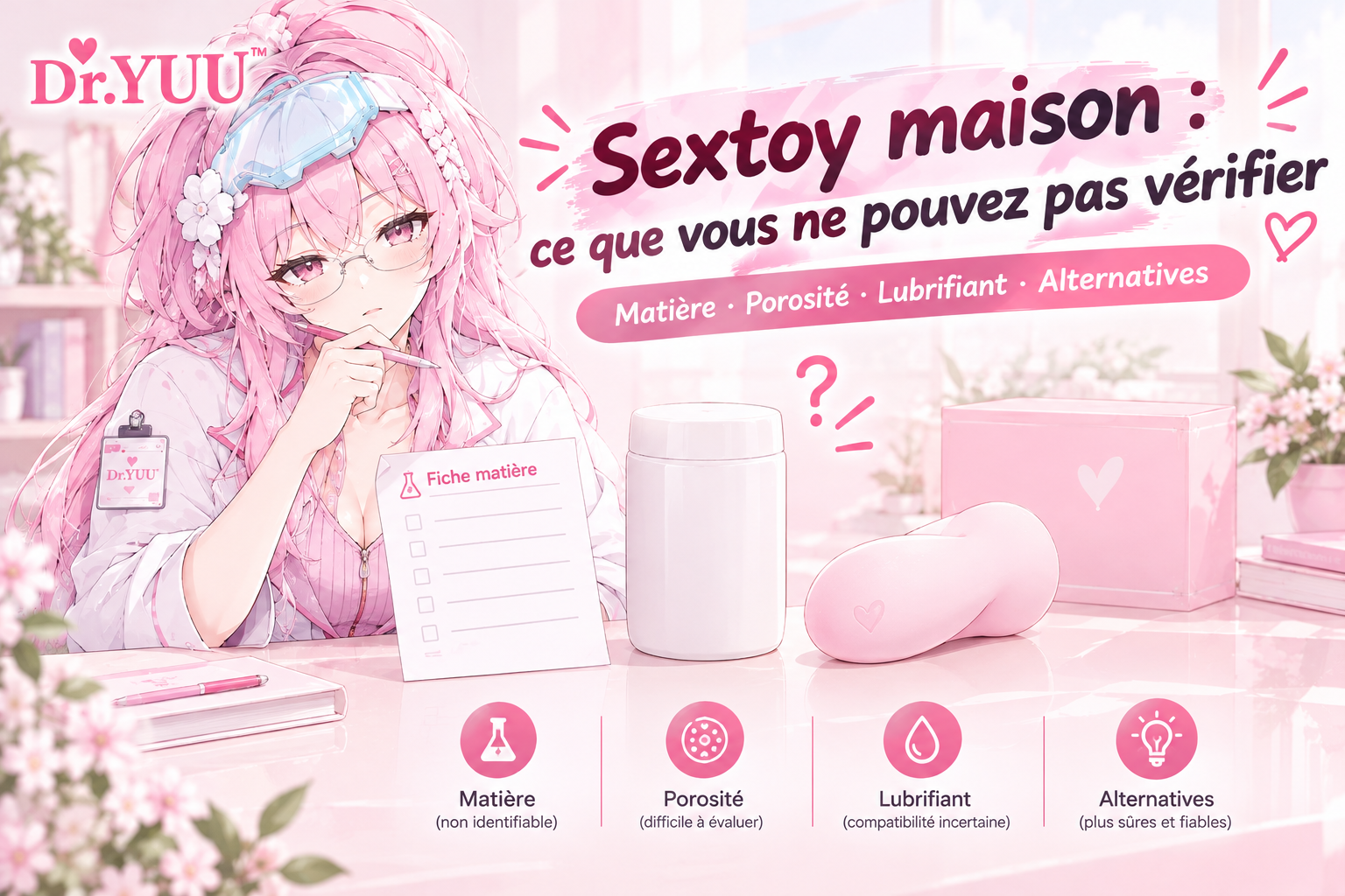 Illustration anime en rose et blanc montrant une fiche matière vierge, un contenant opaque et un sextoy fini discret pour illustrer les limites de vérification d’un sextoy maison