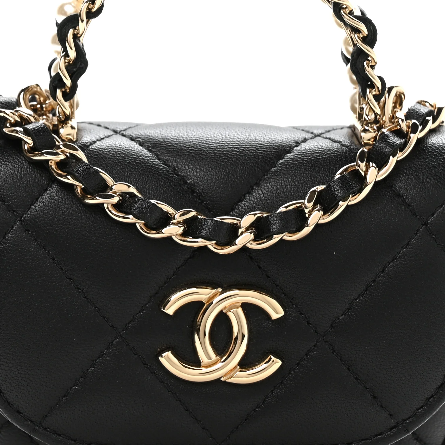 Lambskin Quilted Pearl Top Handle Clutch With Chain Black
