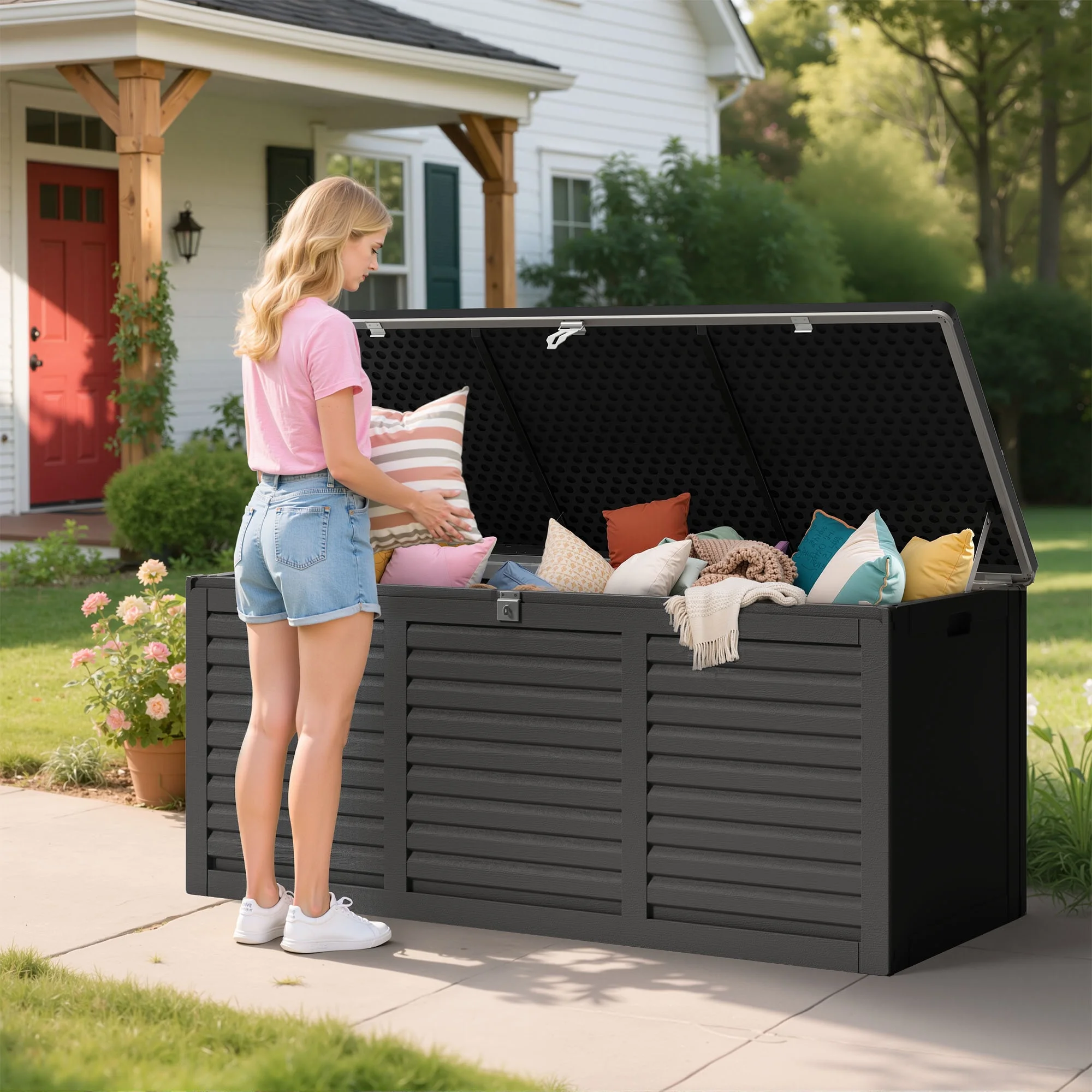 Outdoor Storage Box, 130GAL Waterproof Deck Box, Lockable Pool Patio Storage Indoor Toy Box, Outdoor Storage Bench for Porch, Max Load Weight 500LBS(130Gal-Black) - Image 4