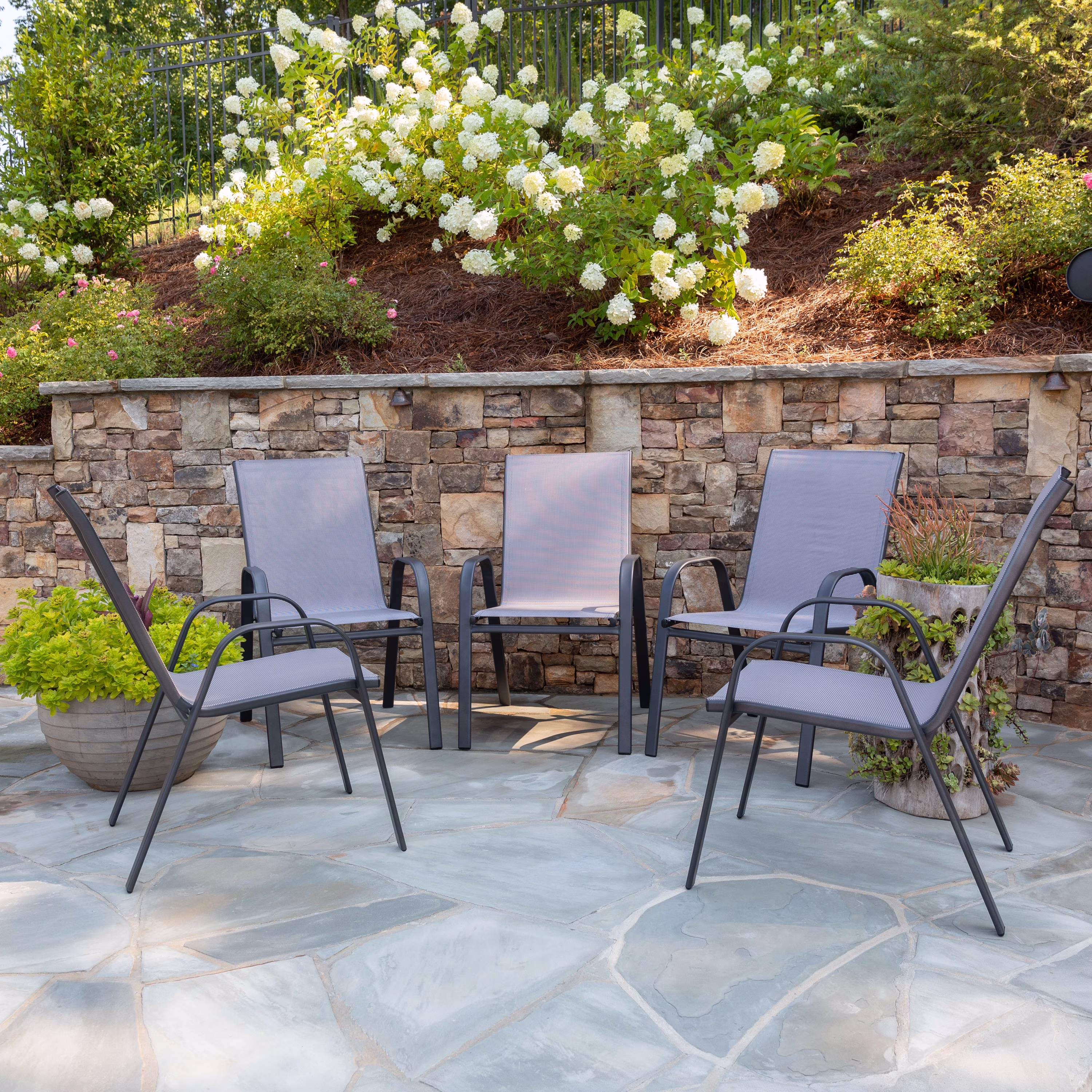 5 Pack Black Outdoor Stack Chair with Flex Comfort Material and Metal Frame(Black) Image 5
