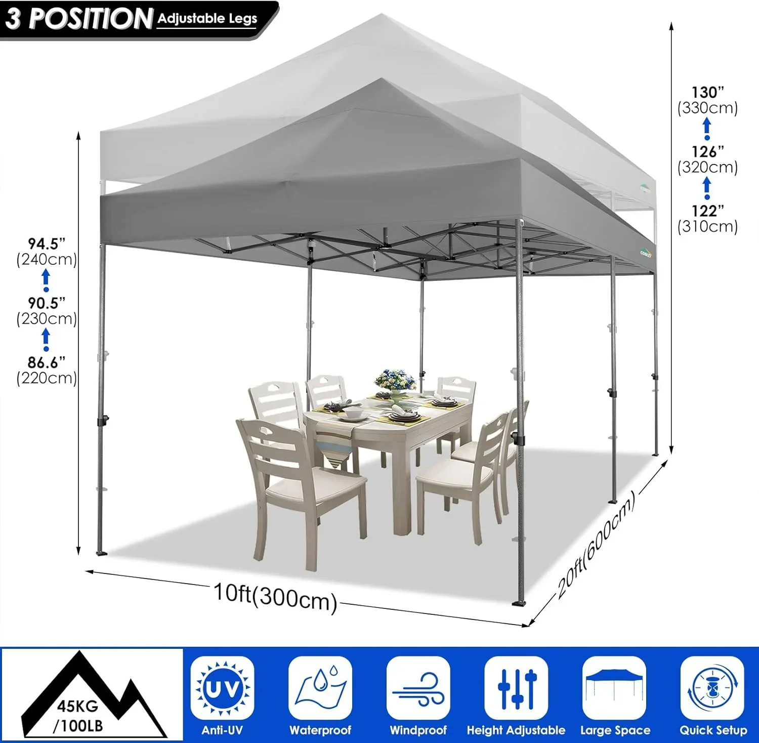 Tente pliante robuste COBIZI 10x20, 6 parois latérales, pour événements commerciaux, mariages et réceptions