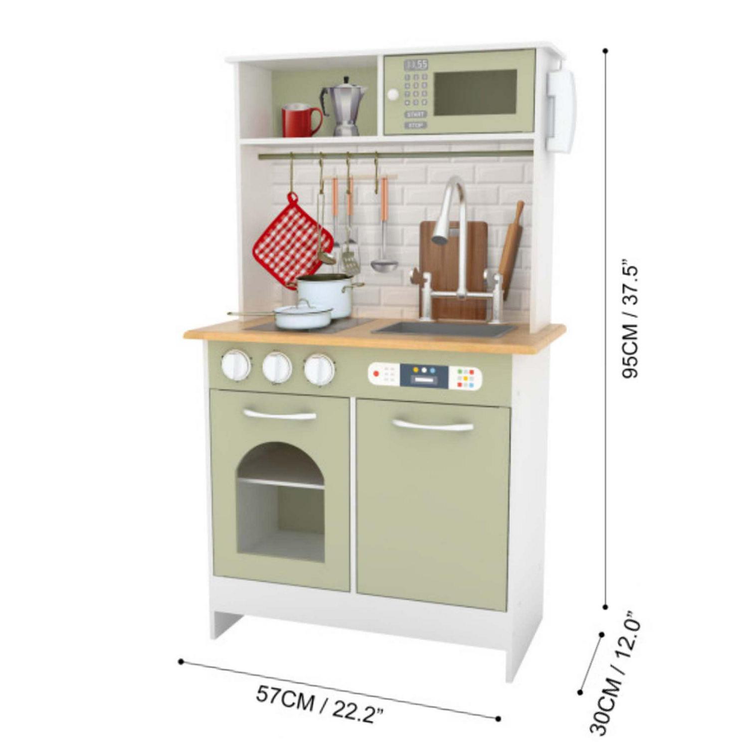 Teamson Kids Little Chef Boston Modern Kitchen Playset. 9 Pcs Acc Set. Oven. Microwave. Burner. Sink. White/Green