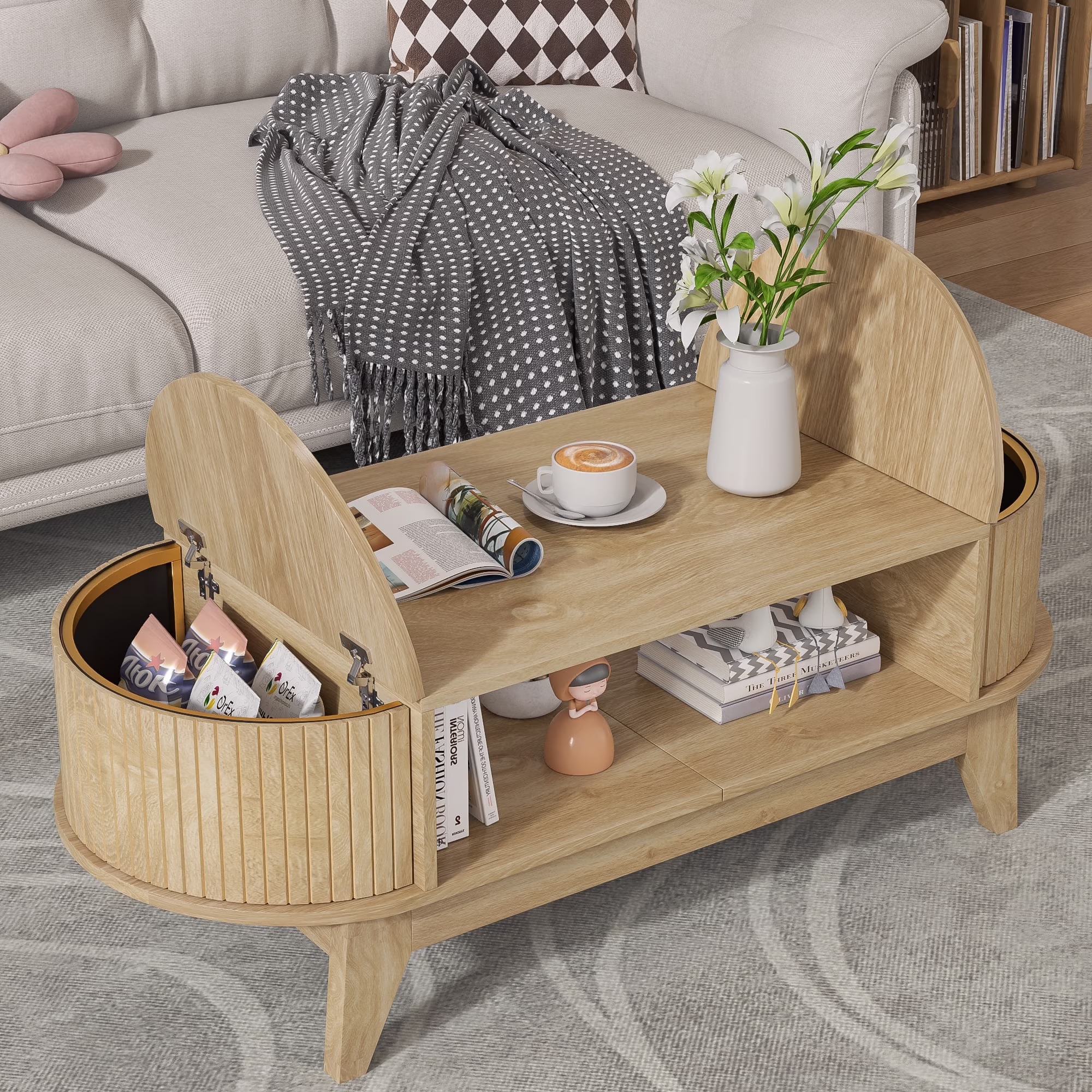 Fluted Coffee Table with Storage, Modern Coffee Tables, Wood Accent Center Table(Wood)