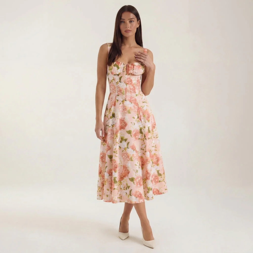 Robe midi fleurie pour femmes, idéale pour les invitées de mariage
