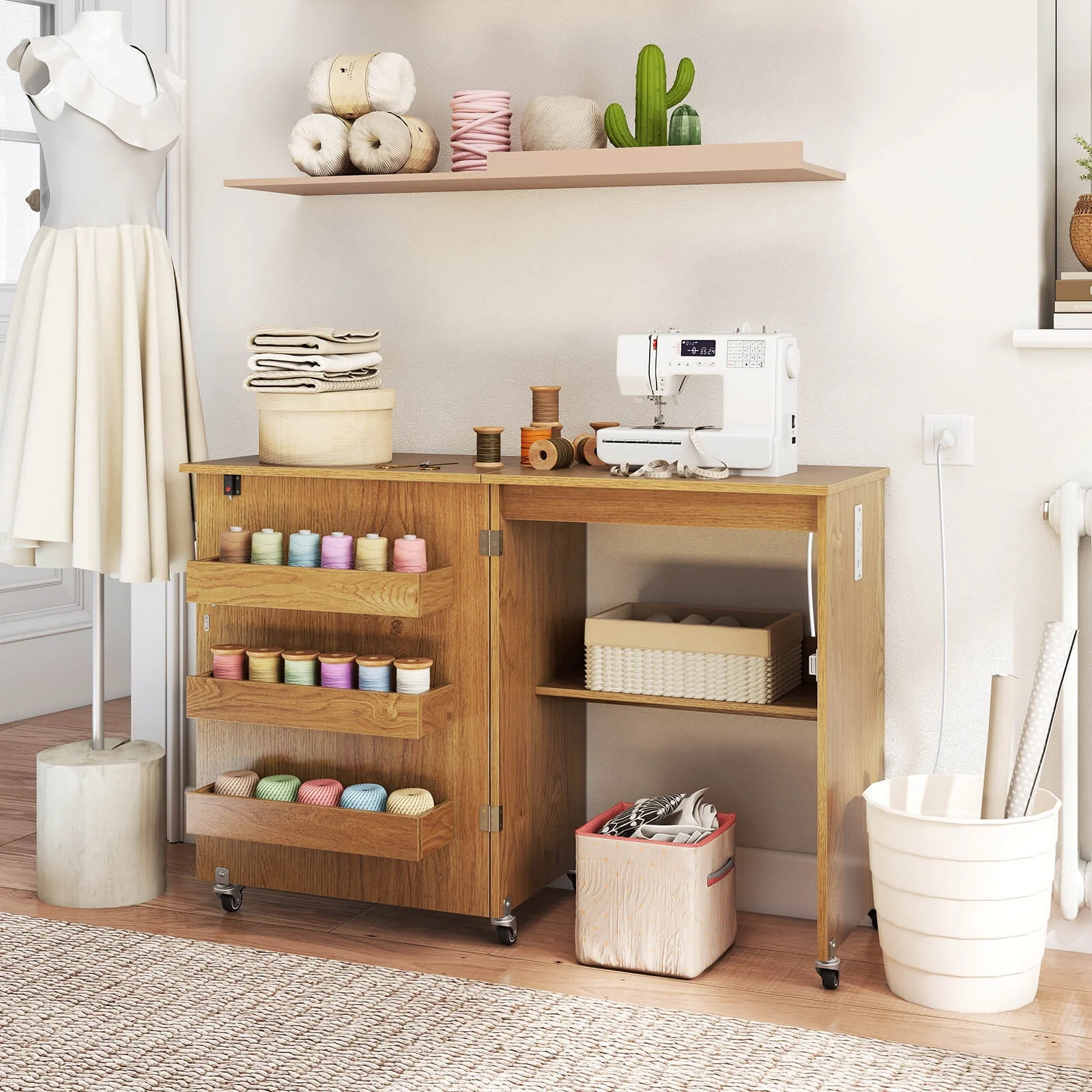 Folding Sewing Table Rolling Craft Station with 3 Storage Bins Charging Station Natural(Natural) - Image 2