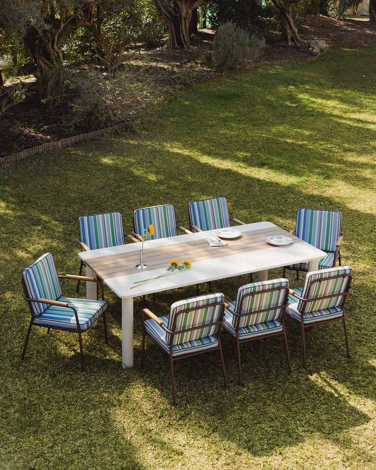Set Lirae - Edimbra - Set de Mesa Rectangular (220x110 cm) Lirae y 8 Sillas con Reposabrazos Edimbra de Metal y Madera de Exterior