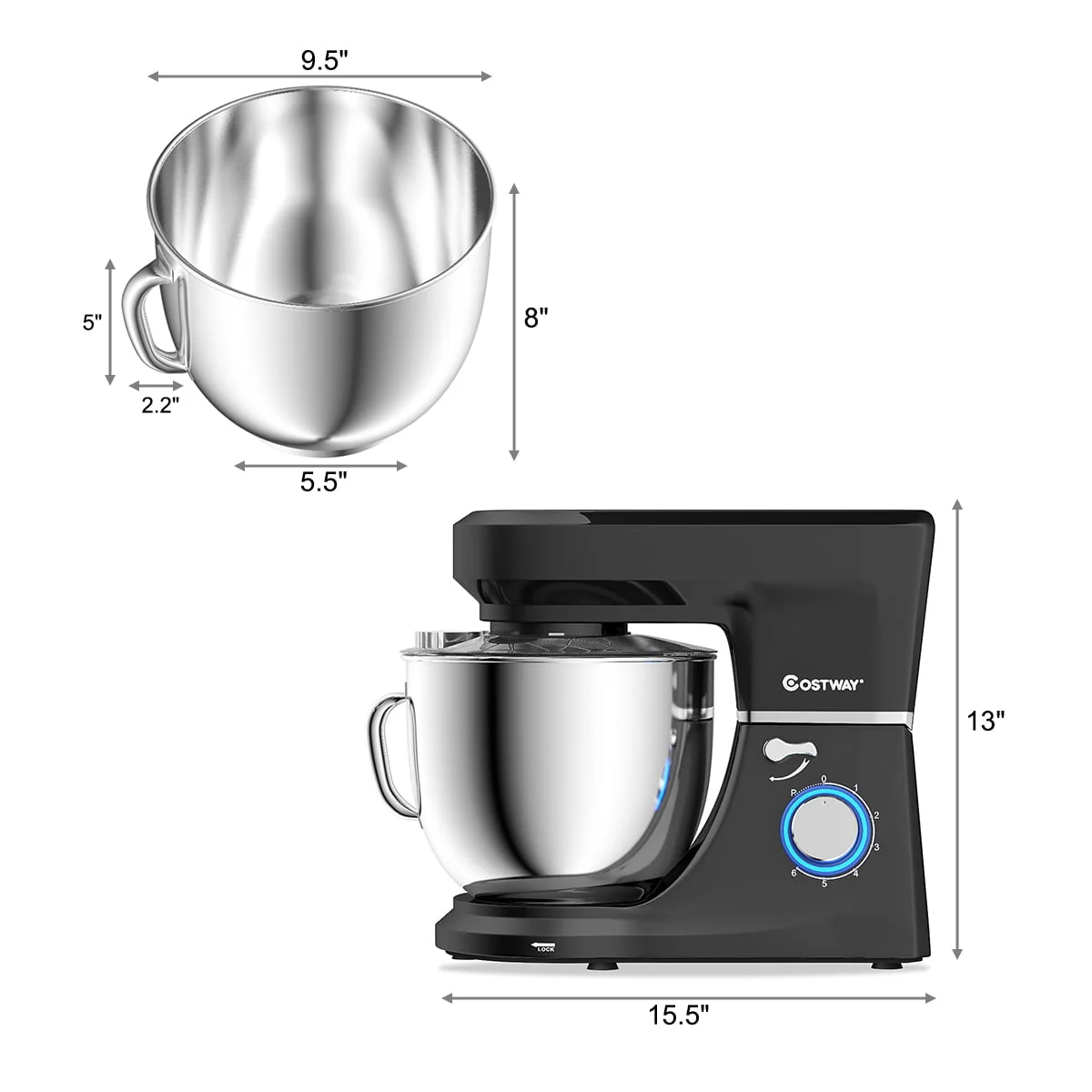 Costway Tilt - Head Stand Mixer 7.5 Qt 6 Speed 660W with Dough Hook, Whisk & Beater Black