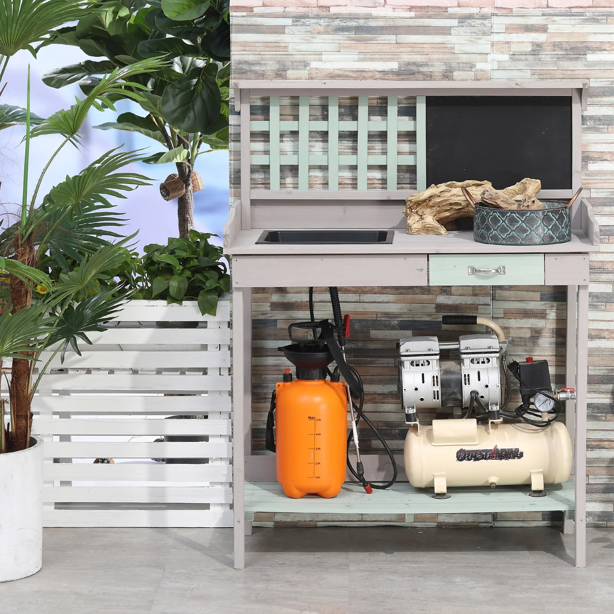 Outdoor Wooden Potting Bench Table with Removable Sink, Garden Work Station with Chalkboard, Drawer, Open Shelf Storage, Light Gray