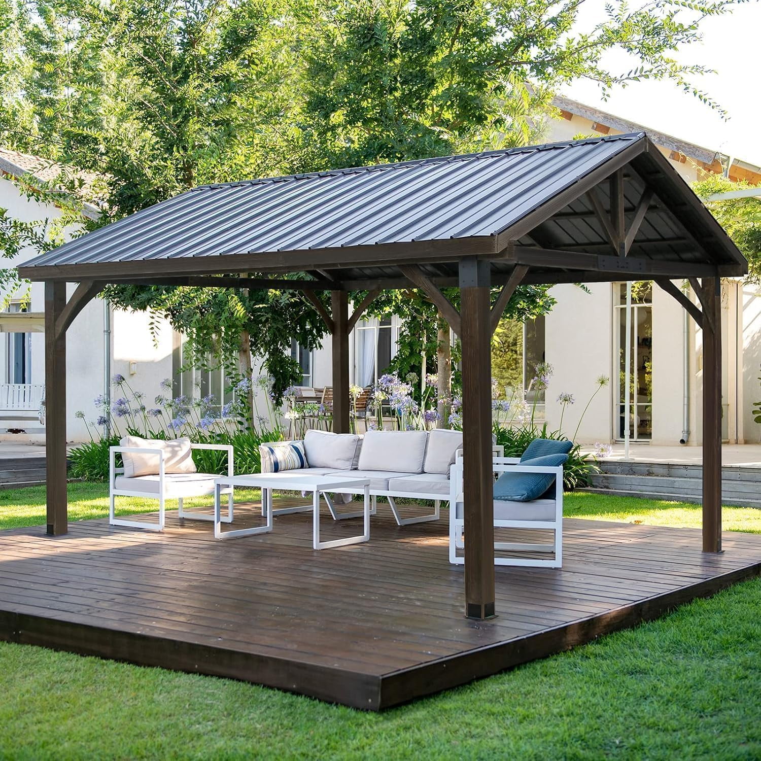 YODOLLA 14.5x12ft Outdoor Wooden Gazebo, Grill Pergola Gazebo Clearance Hard - Top Gazebo for Patios, Garden, Coffee