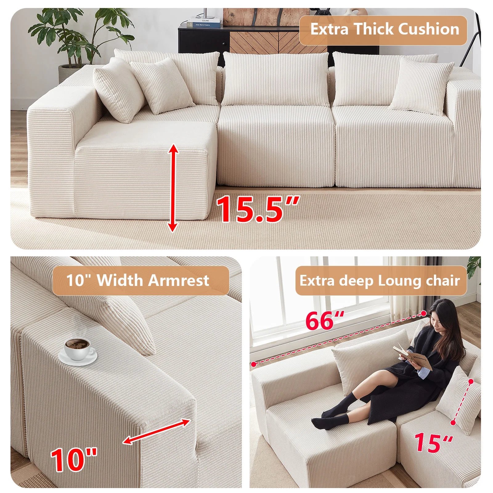 104-Inch Corduroy Modular L Shaped Sectional Sofa,Luxury Floor Couch Set,Upholstered Indoor Furniture,Foam-Filled Compressed Sofa for Living Room,Bedroom,4 PC Free Combination ?(Beige + Corduroy) - Image 6
