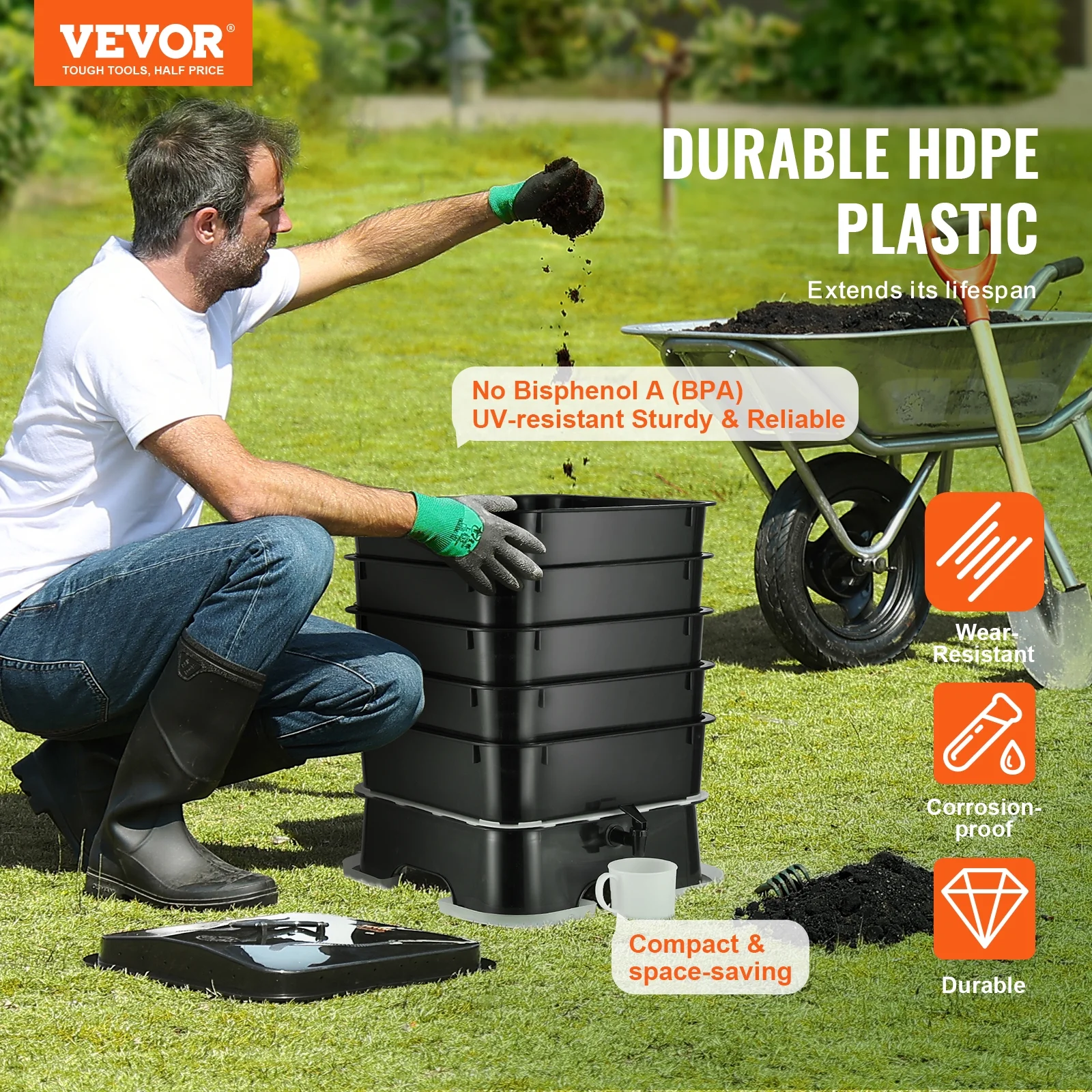 VEVOR 5 - Tray Worm Composter, 50 L Worm Compost Bin Outdoor and Indoor, Sustainable Design Worm Farm Kit, for Recycling Food Waste, Worm Castings, Worm Tea, Vermiculture and Vermicomposting