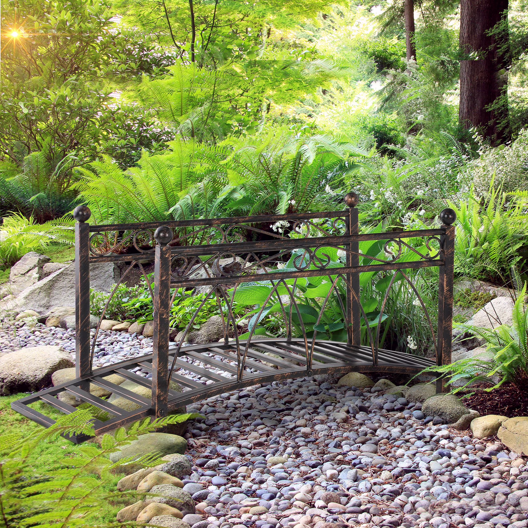 Outsunny 3.3' Metal Arch Zen Garden Bridge with Safety Siderails, Decorative Footbridge, Delicate Scrollwork & Corner Spheres for Stream, Black