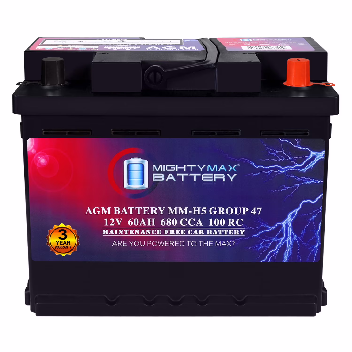 MM-H5 Start and Stop Car BCI Group Size 47 12V 60 AH, 100RC, 680 CCA Rechargeable AGM Car Battery(47)