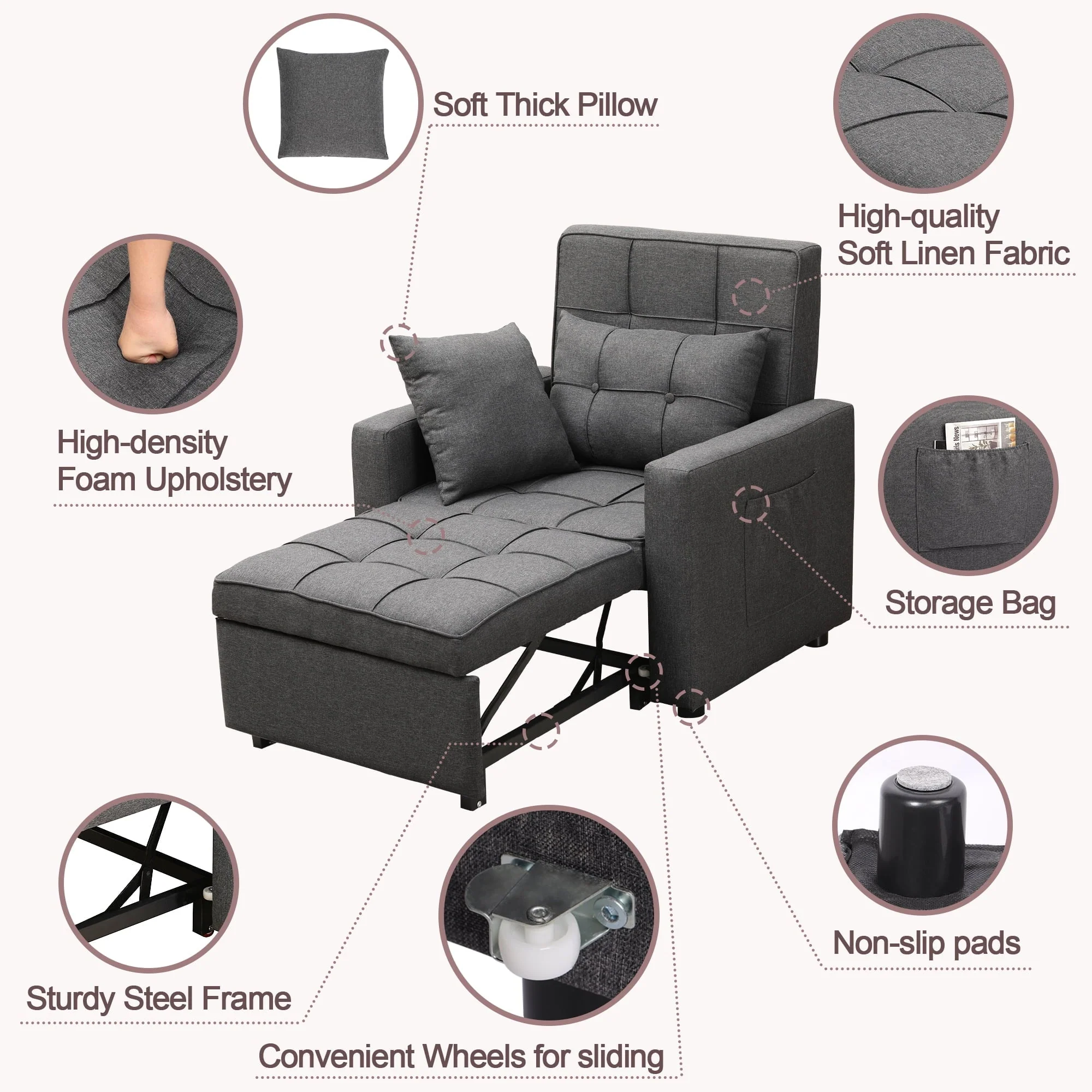 Tolead 3 - in - 1 Convertible Sofa Bed Sleeper Chair with Adjustable Backrest, Gray