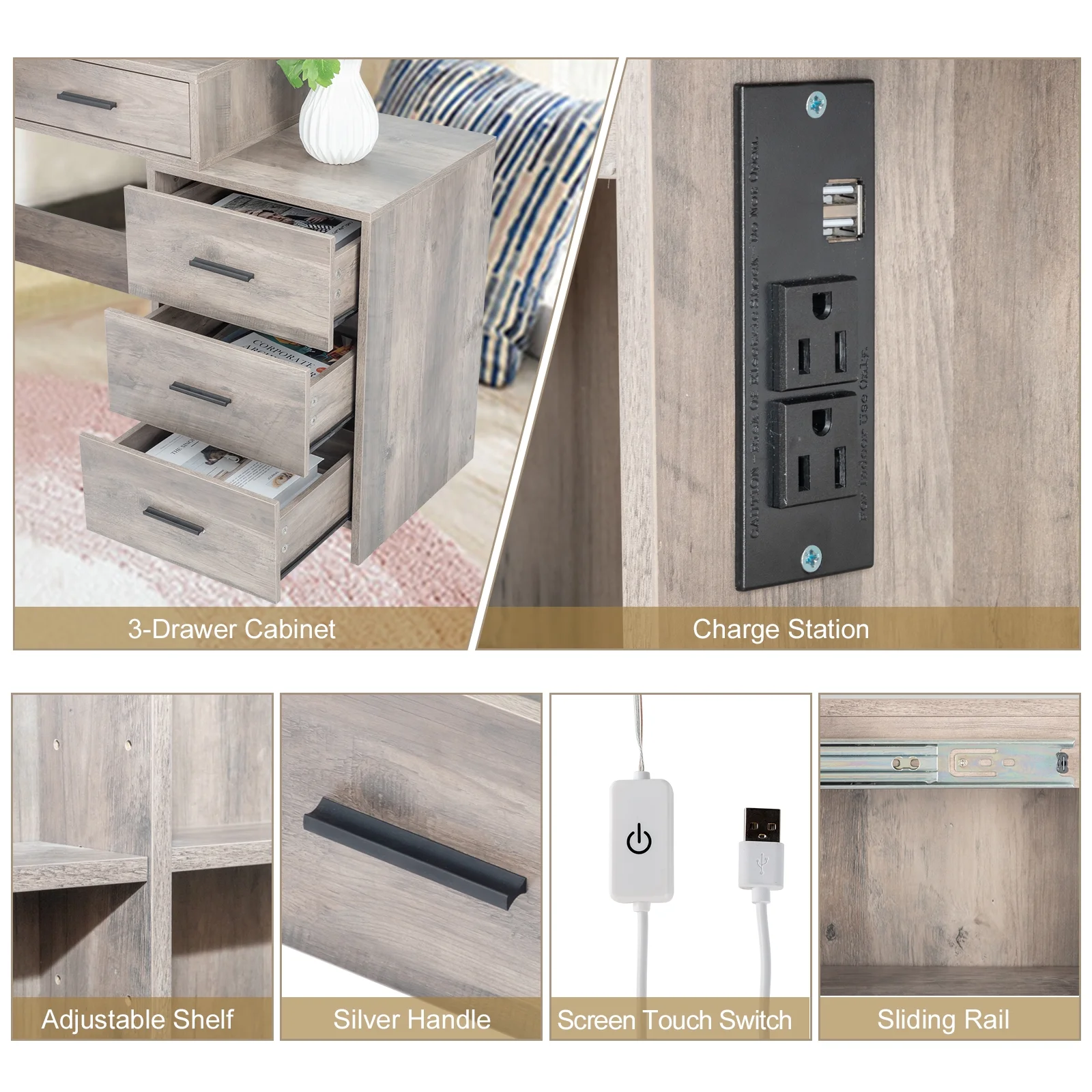 Vanity Set with 3 Color Lighted Mirror Charging Station, Makeup Table with 3 Storage Shelves Drawers, Dressing Table Makeup Desk with Stool,Retro Gray(Type1) - Image 9