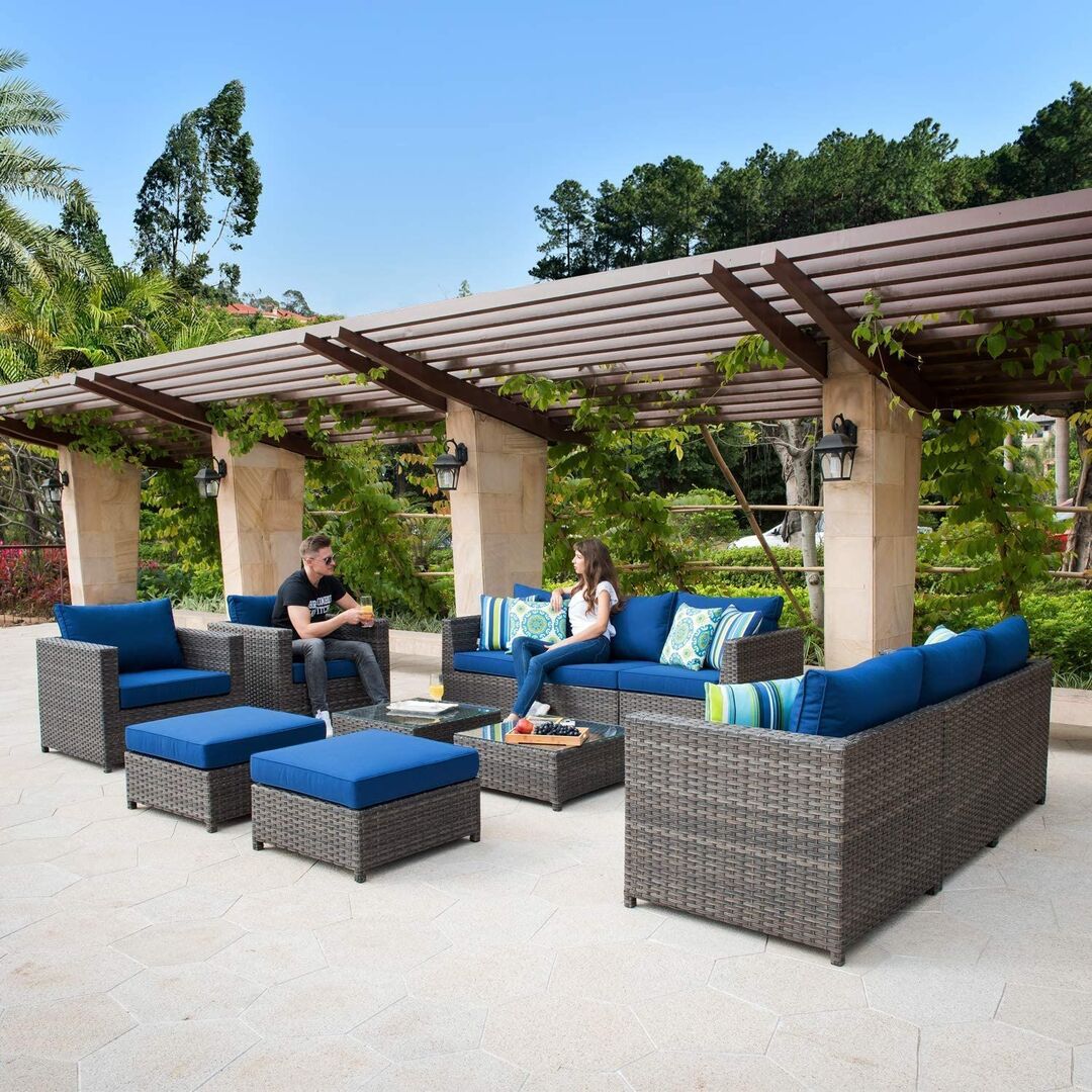 Ensemble de mobilier de jardin 12 pièces, canapé d'angle en rotin PE avec 4 coussins et housse de protection, aucun assemblage requis.