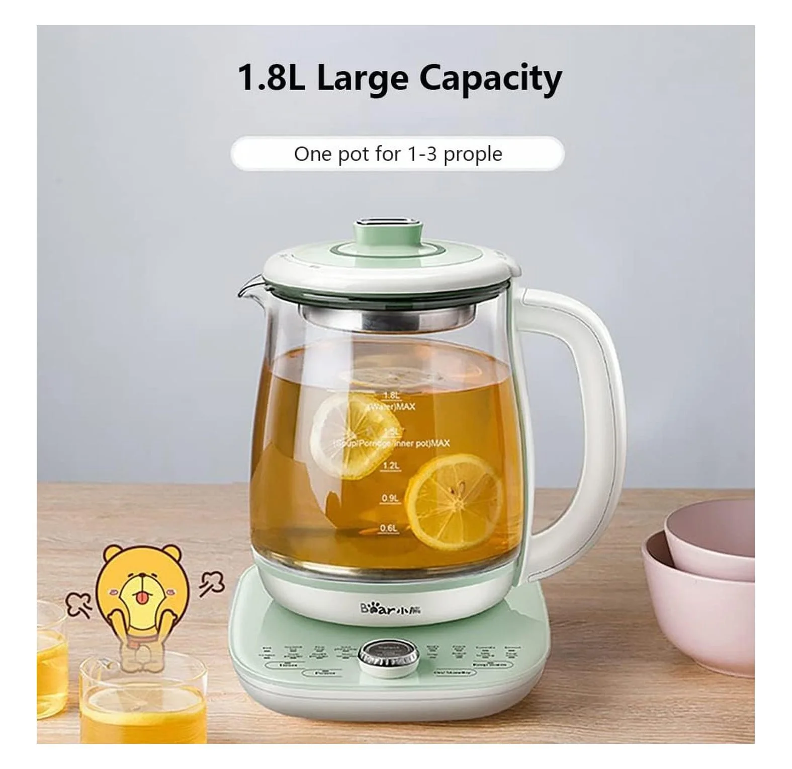 Bear Electric Kettle with Infuser & Stew Pot - 1.8 L Health Pot, 16 Menus, Glass Kettle, Tea Maker, 120V, Green