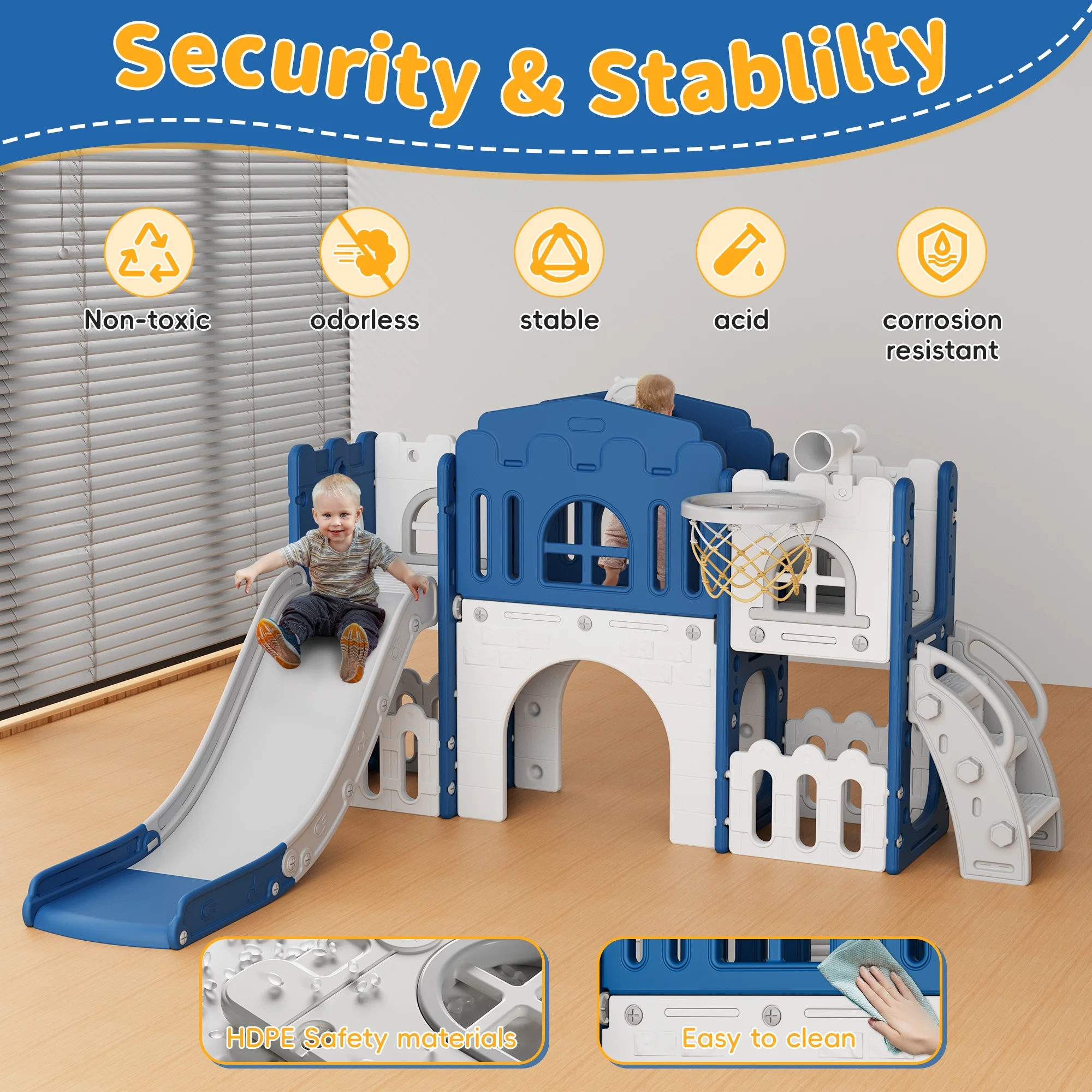 9 in 1 Toddler Slide PlaySet for kids indoor/outdoor for Toddlers Age 1+, Blue Gray(Multicolor) - Image 4