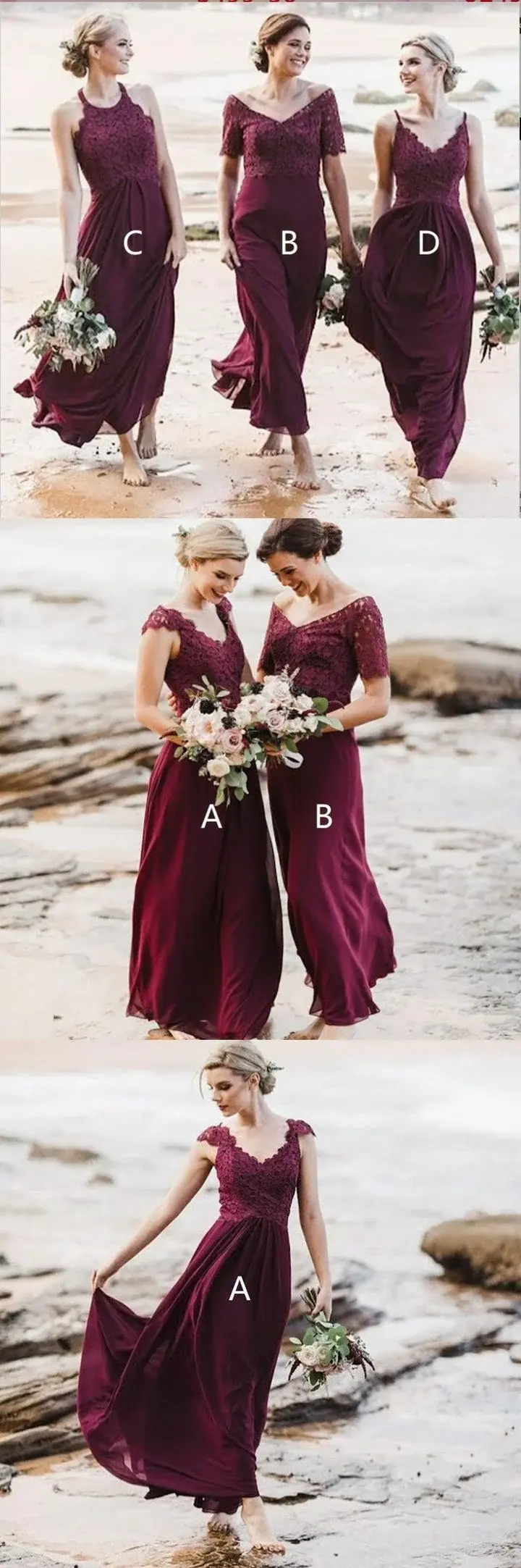 Mismatched A-Line Long Burgundy Cheap Chiffon Bridesmaid Dress with Lace DMG63