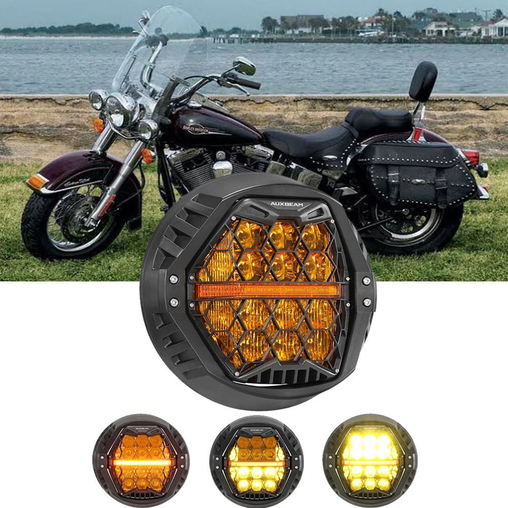 7 Inch 120W DOT Motorcycle LED Headlight Assembly with Amber DRL & Honeycomb Design (Hi/Lo Beam) for 2001-2006 Heritage Softail Classic EFI FLSTCI
