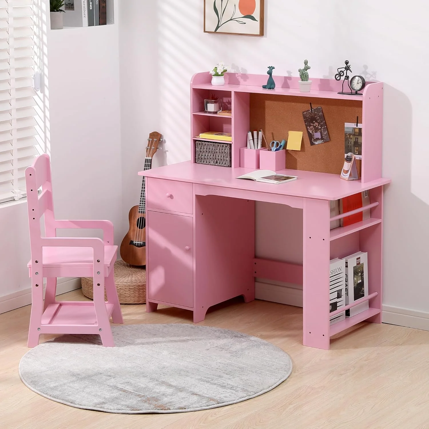 Kids Desk and Chair Set, Study Table with Storage Shelf, Bulletin Board, Children School Learning Desk Set, Writing Table for Boys and Girls, Pink - Image 3
