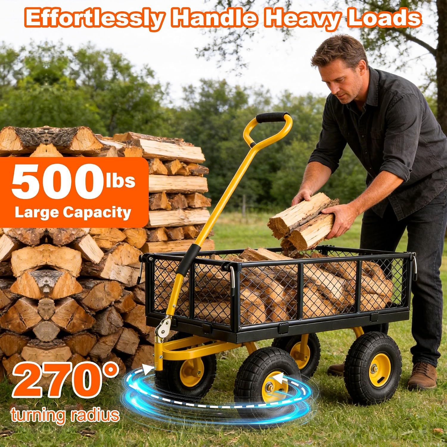 DIAMONDFORGE 500lbs Heavy Duty Garden Cart, Steel Garden Wagon Cart with Fixed Rotating Handle for Backyard, Utility Yard Wagon with 10
